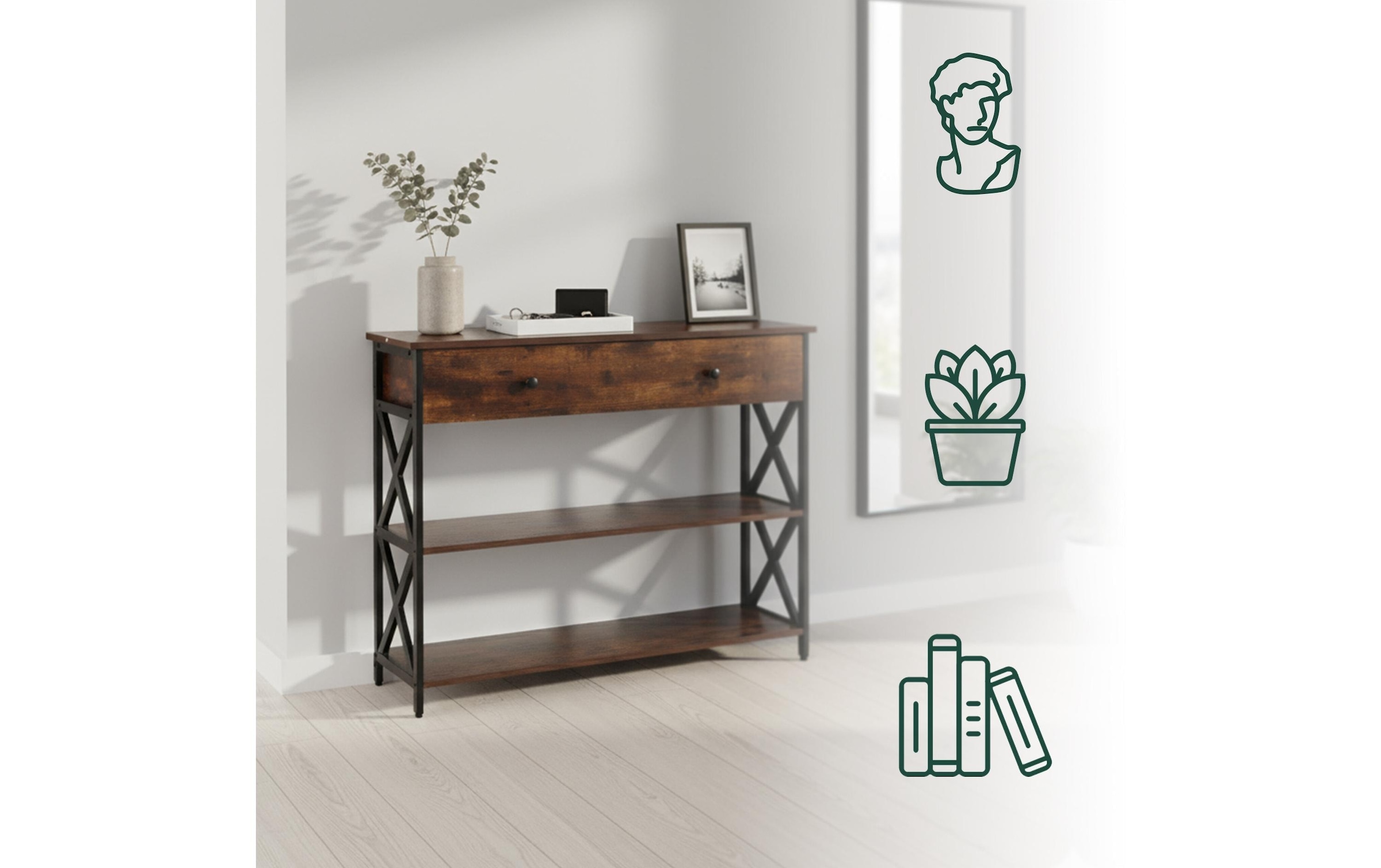 relaxdays Konsolentisch »80 x 100 x 30 cm« Schmale Flurkonsole mit Schublade und 3 Ablagen