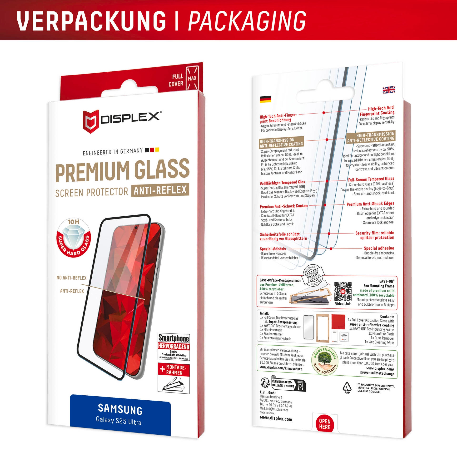 Displex Verre de protection d'écran »Premium Glass Anti-Reflex Screen Protection« für Samsung Galaxy S25 Ultra Displayschutzfolie, Schutzfolie, Bildschirmschutz, kratz- & stossfest