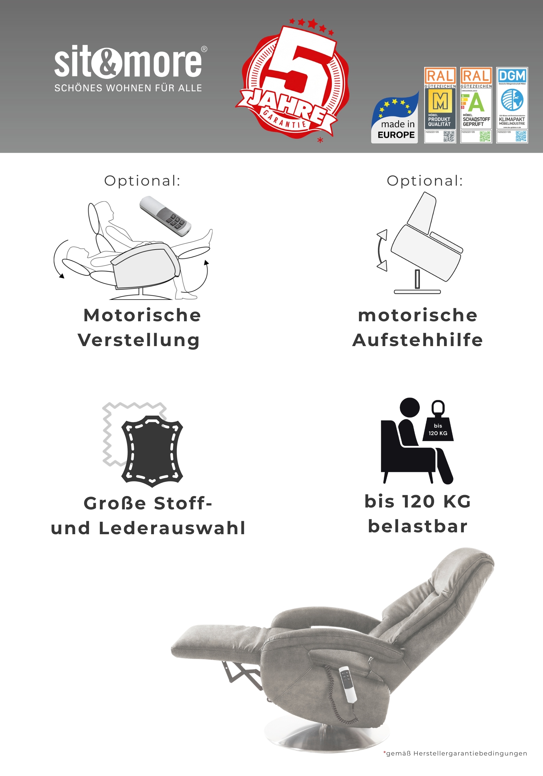 sit&more Fauteuil TV »Enjoy« en taille S, ou M, ou L, au choix avec moteur et aide à se lever