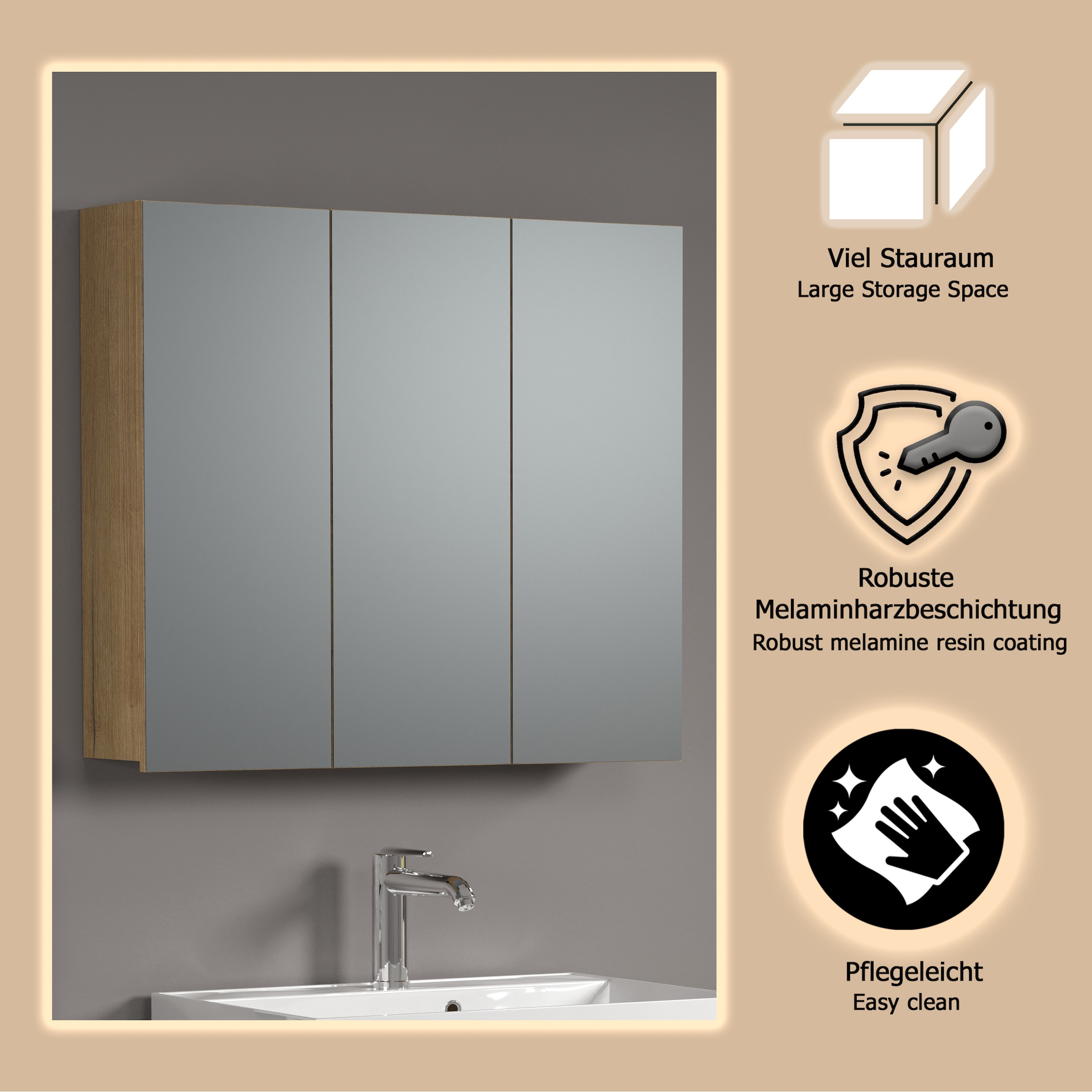 welltime Spiegelschrank »Amrum« 1 Stk. tlg. 3-Türiger Badspiegel mit Stauraum - Masse (B/T/H) 90/20/80 cm