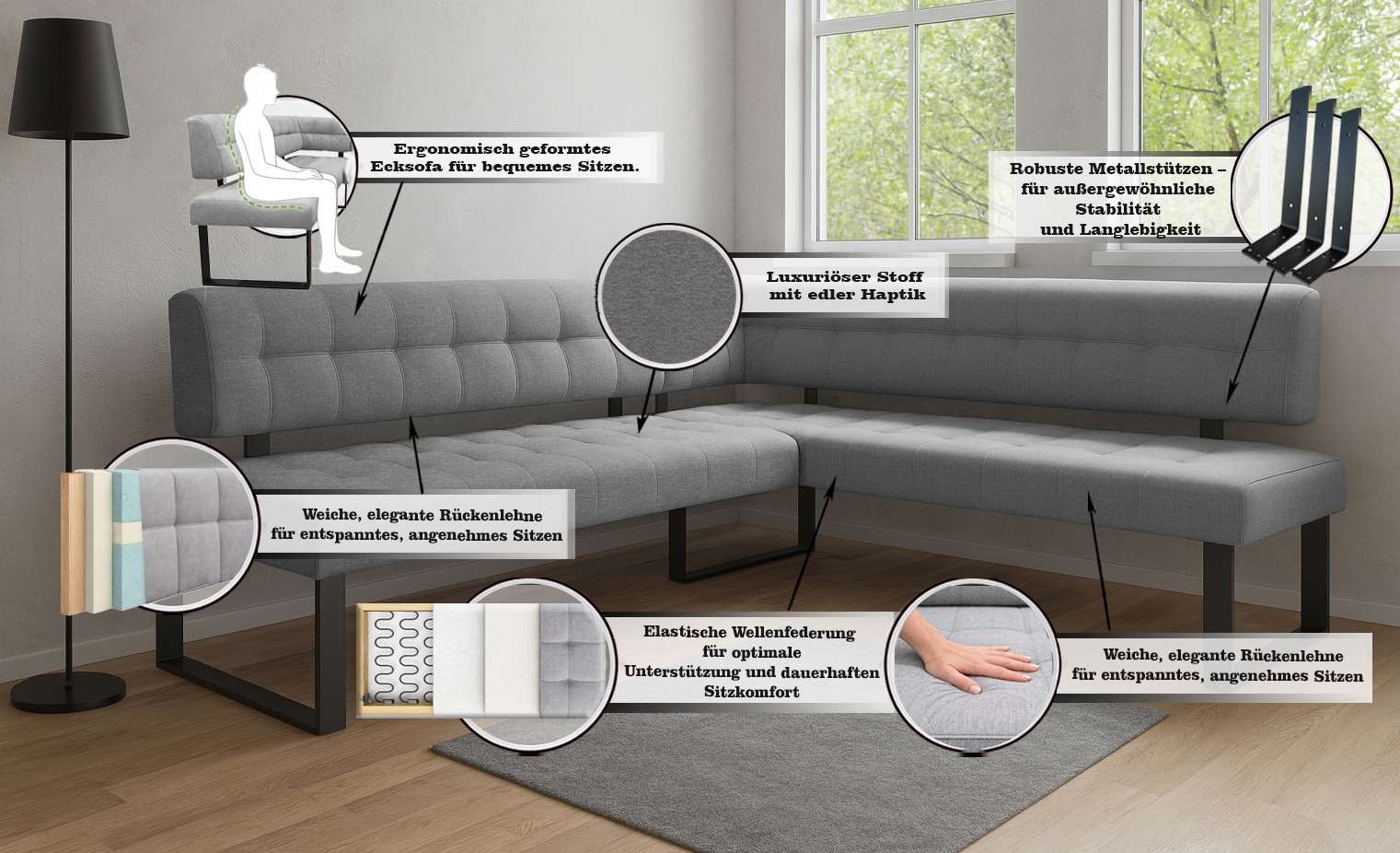 Home affaire Ensemble de bancs d'angle »Mia Essecke, Sitzgruppe, Eckbankgruppe, Küchenbankgruppe« Set, 4er, 4 tlg. Eckbank mit Wellenfederung; Tisch in Eiche massiv