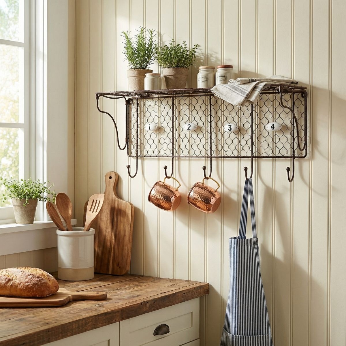 Ambiente Haus Étagère murale »Regal aus Draht mit 5 Haken in Antikbraun« 1 cuis tlg. solution de rangement pour intérieur et extérieur