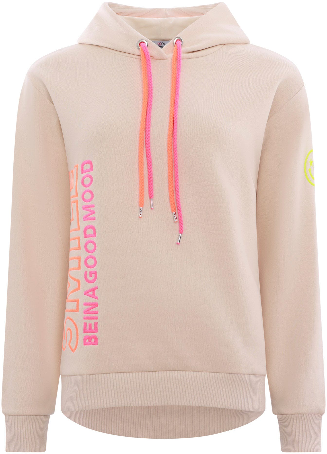 Zwillingsherz Sweatshirt gestickter Schriftzug, Kapuze, Langarm, Kängurutasche, Neon-Details