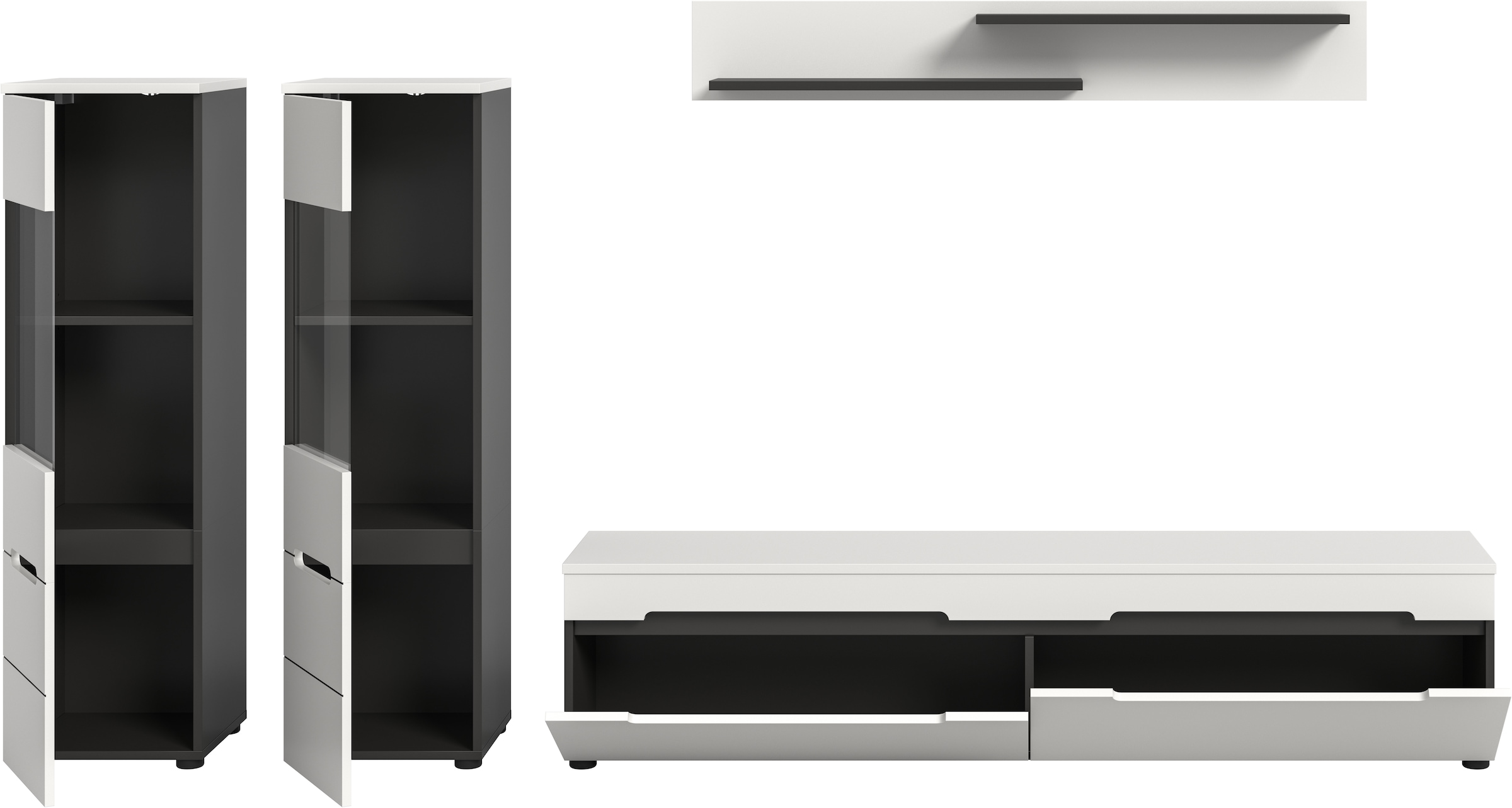 Home affaire Meuble mural »REHAT, TOPSELLER!, 4-teilig, wahlweise stehend und hängend montierbar« Set bestehend aus: 2x Vitrine, Lowboard und Wandboard, 3 cuis tlg.