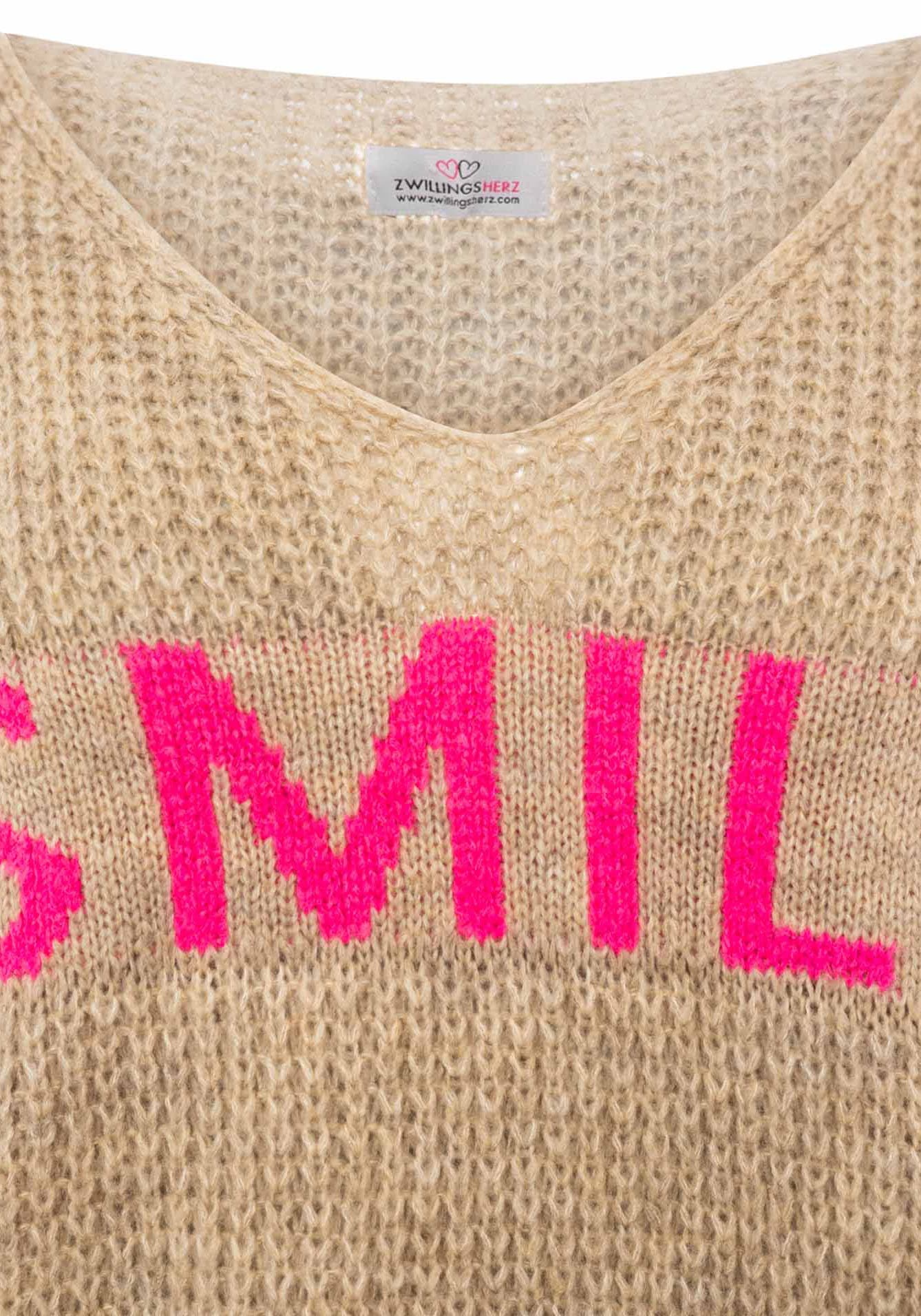 Zwillingsherz Strickpullover »"Smile"« Langarm, One Size, V-Ausschnitt, Neon-Details, Schriftzug