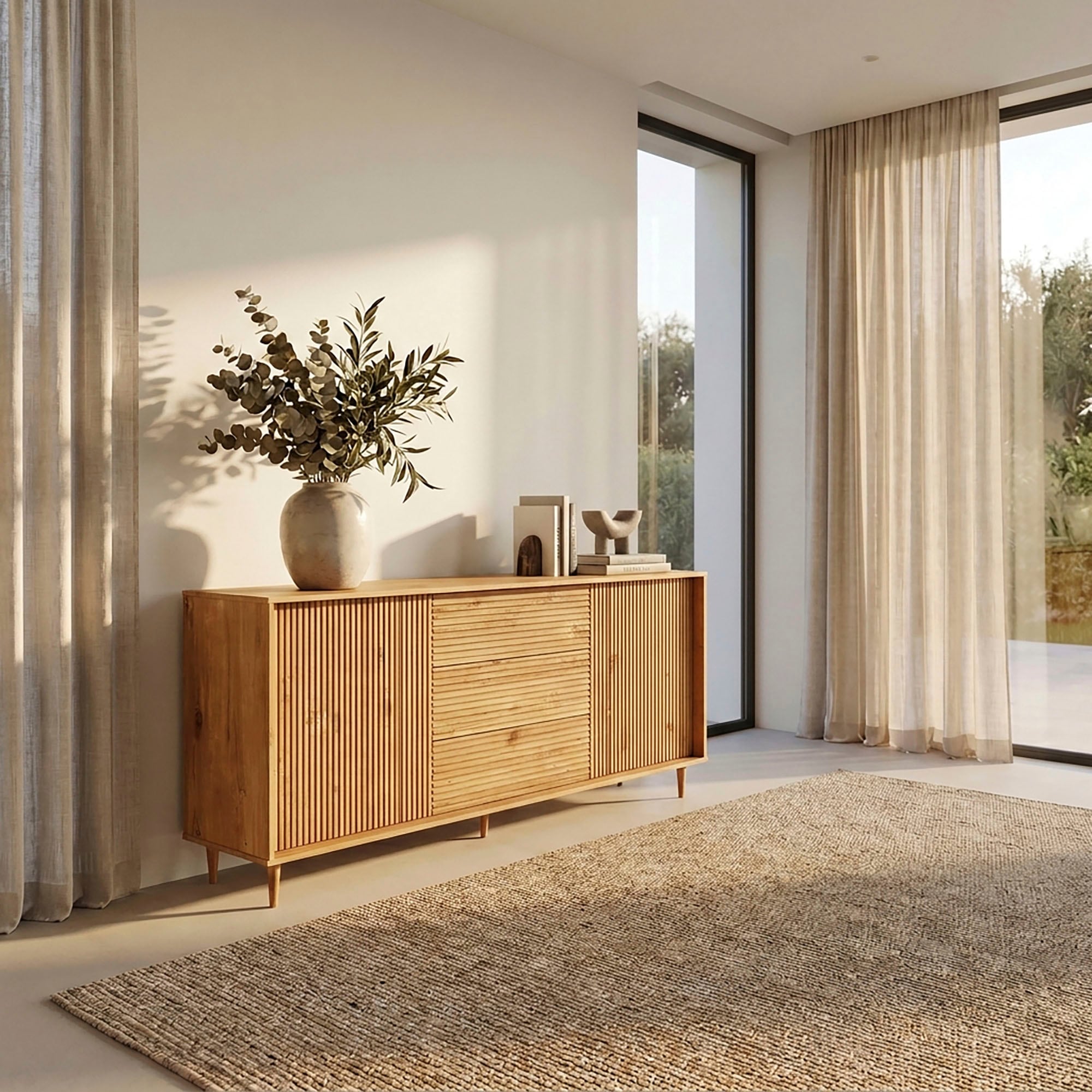GOODproduct Sideboard »Malmedy  Front mit gefrästen Rillen« Kommode aus massivem Kiefernholz, Push-to-open, Breite 160 cm