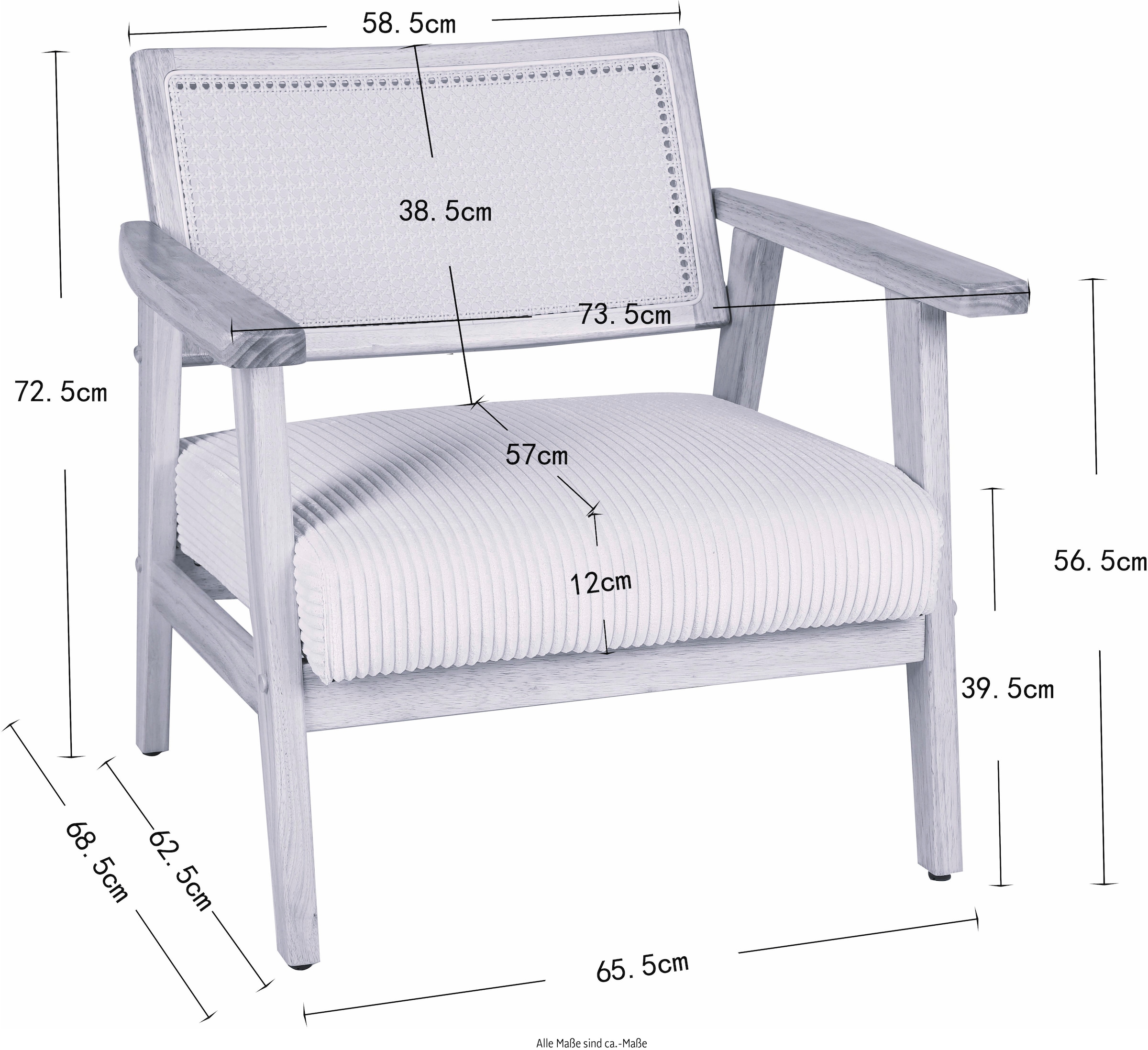 Home affaire Loungesessel »VILLAINE« Einzelsessel, Rattan-Sessel mit Wiener Geflecht, Cord, Webstoff
