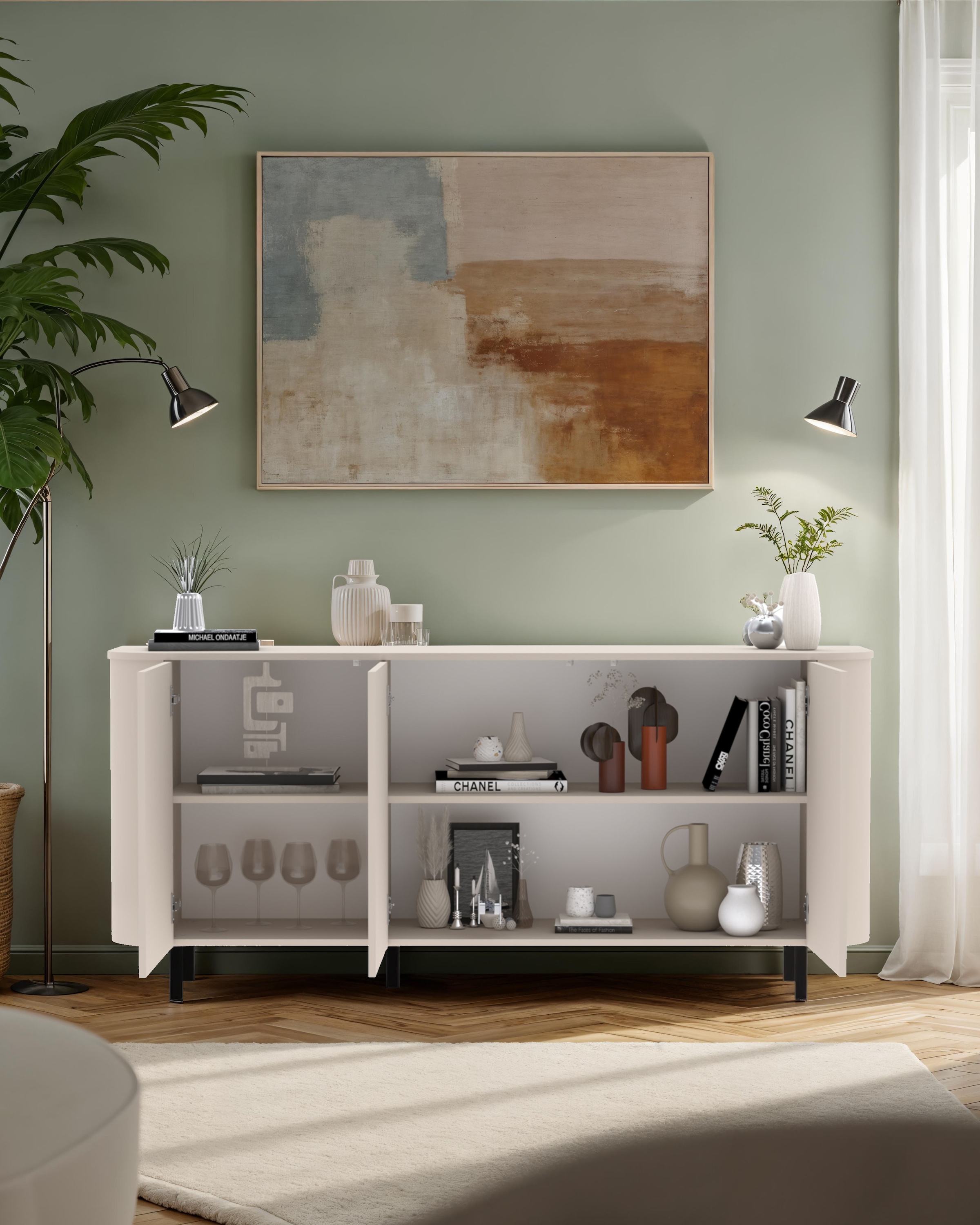 GOODproduct Sideboard »Lido, 181 cm breit, 3 Türen, Anrichte, Kommode, Stauraumschrank« Formgebogenes MDF, Stirnseiten mit Rundung, Push-to-open, Metallfüsse