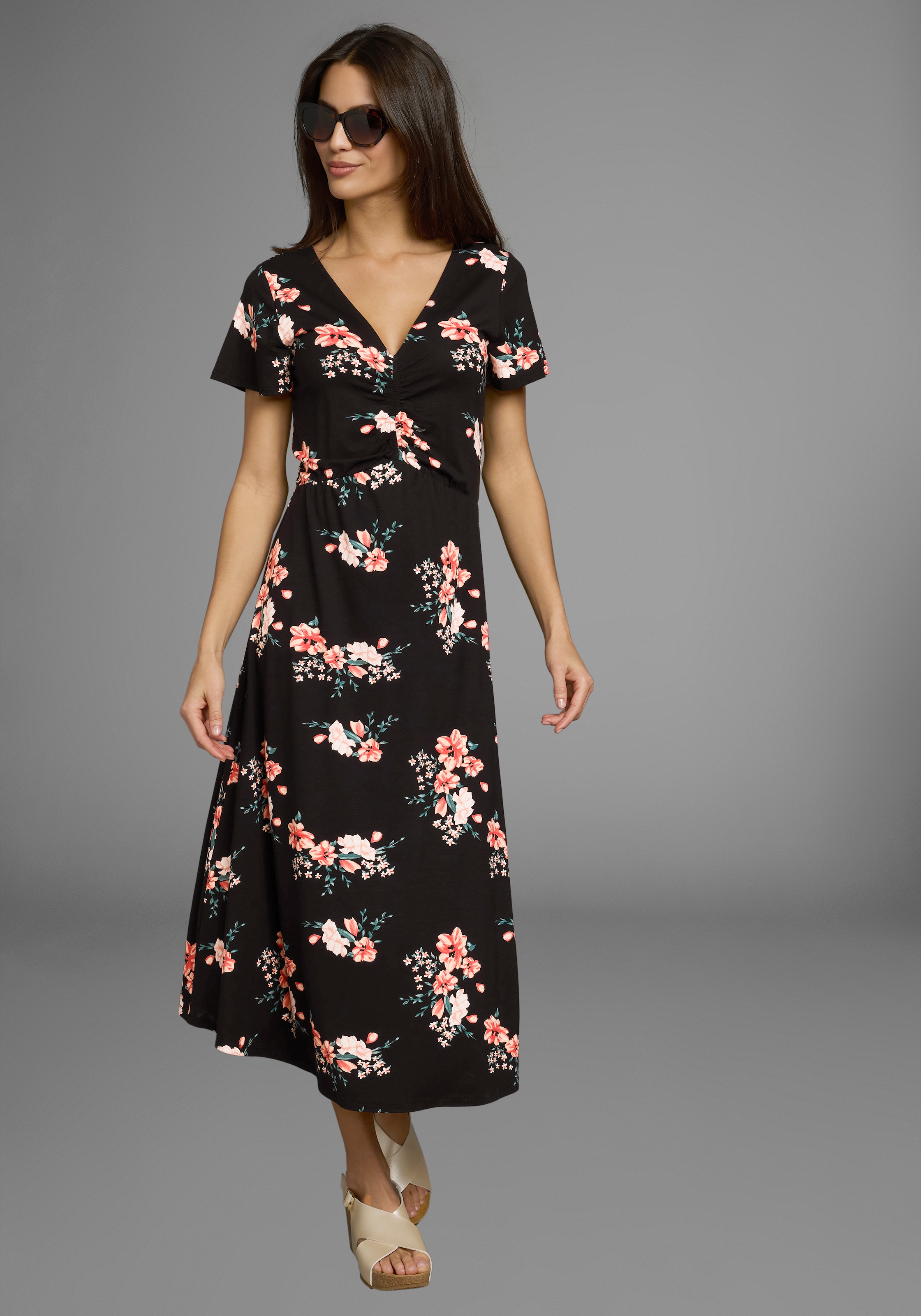 Laura Scott Robe en jersey avec imprimé floral romantique et fronces, robe midi