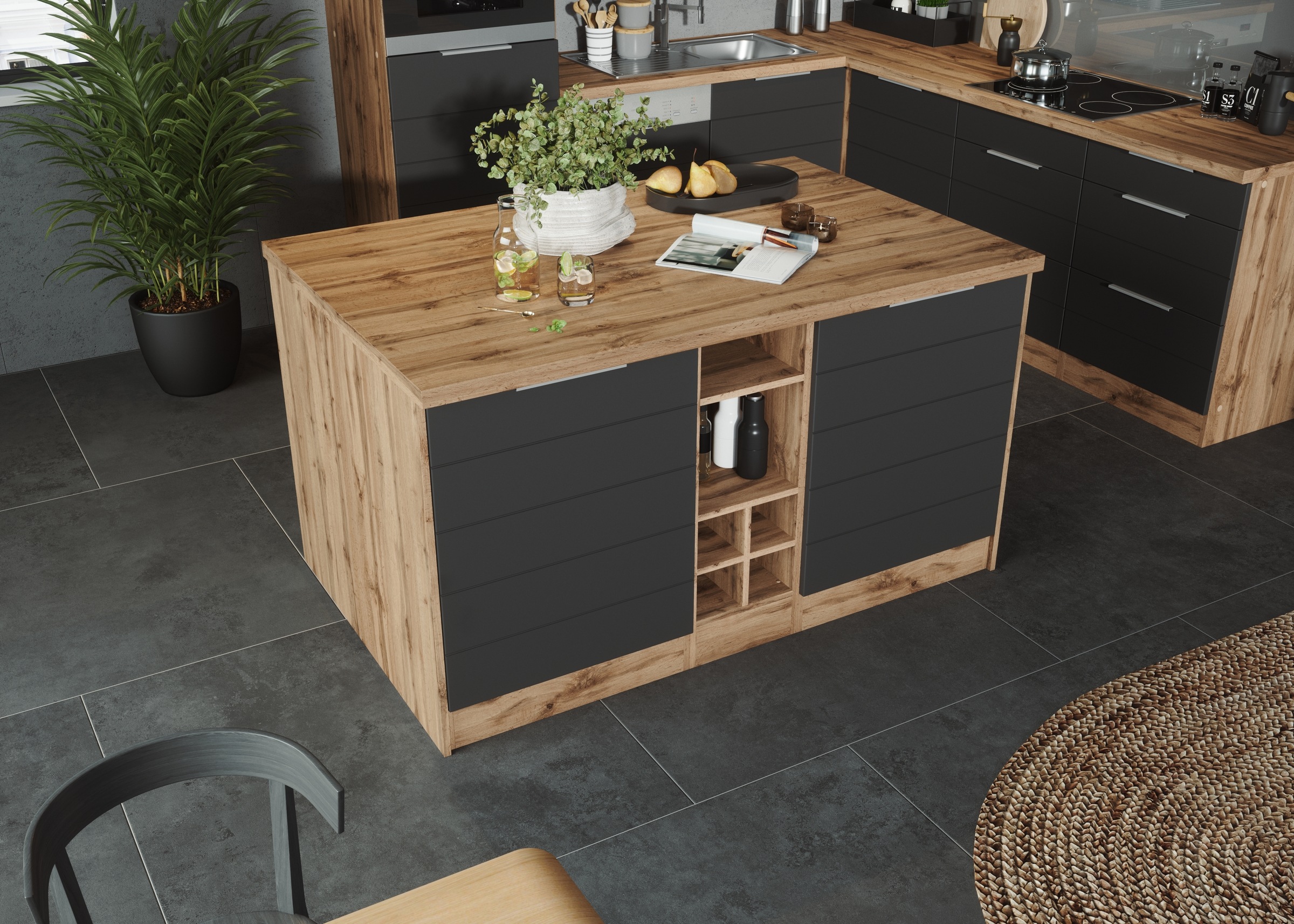 KOCHSTATION Ilot de cuisine »KS-Luhe, Breite 153 cm, mit Flaschenregal« façades MDF, plan de travail épaisseur 38mm