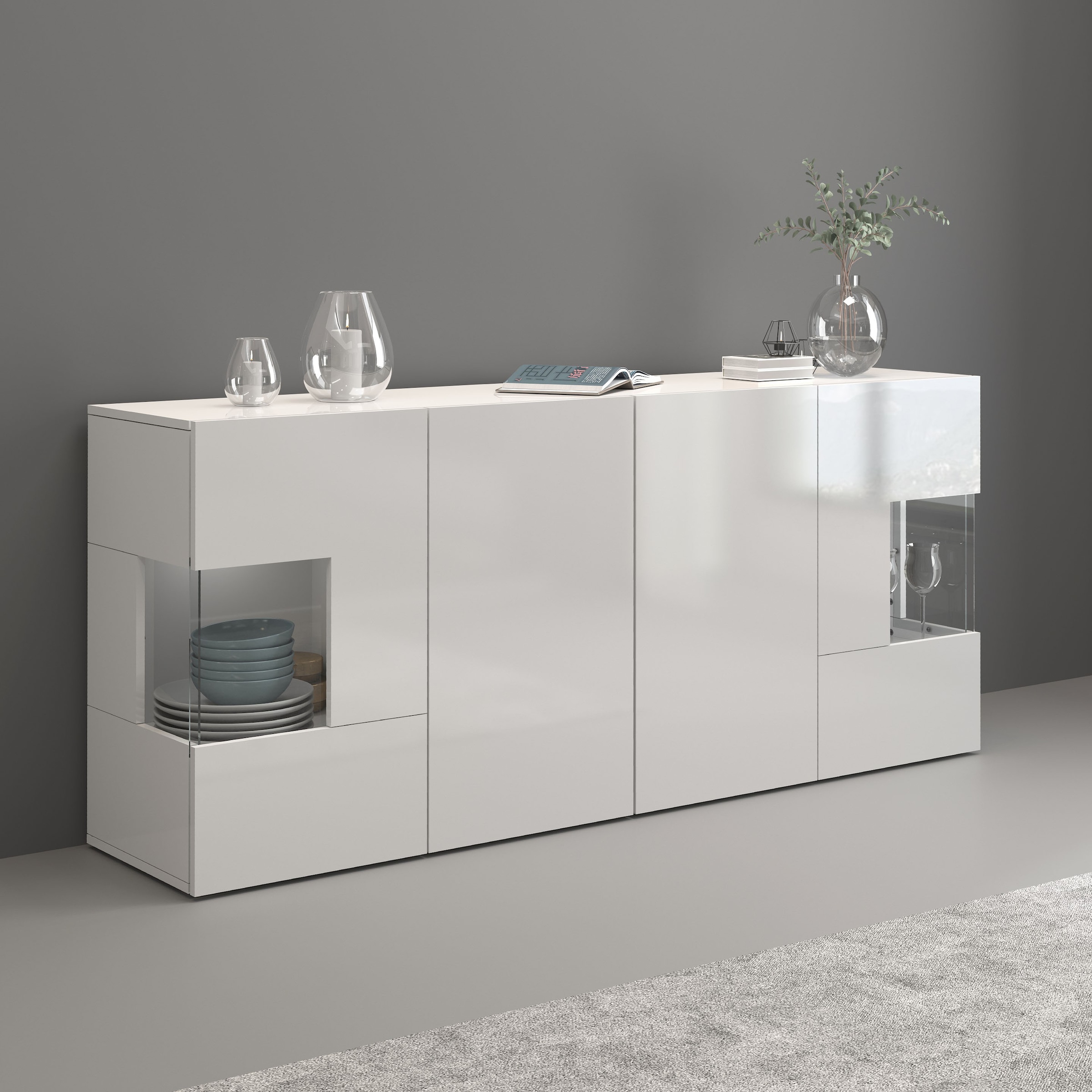 GOODproduct Sideboard »Egypt, Kommode, Schrank, Kredenz, Vitrine grifflos« 4 Türen davon 2 mit Glaseinsatz, kompl. Hochglanz lackiert, Breite 180