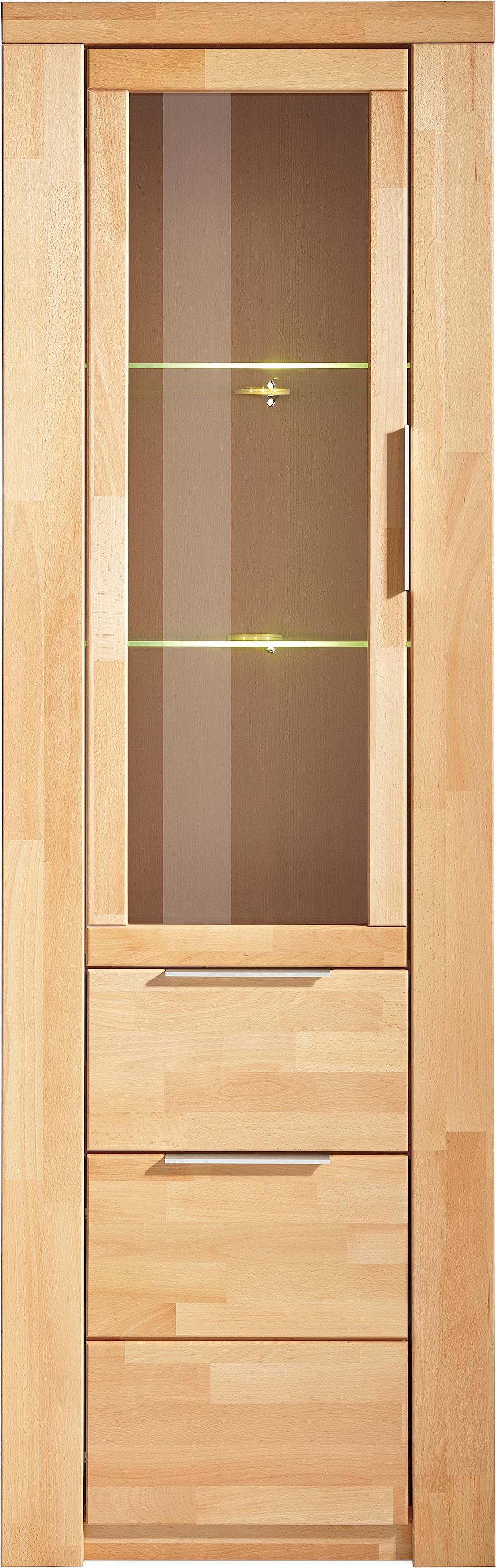 GOODproduct Vitrine »ZARA75, 2 Glasboden variabel, Türen L/R, 1 Schublade, Wohnzimmer« B/T/H:60/40/190cm,Front massivholz,5 Fächer,Griffe silberfarben, geölt