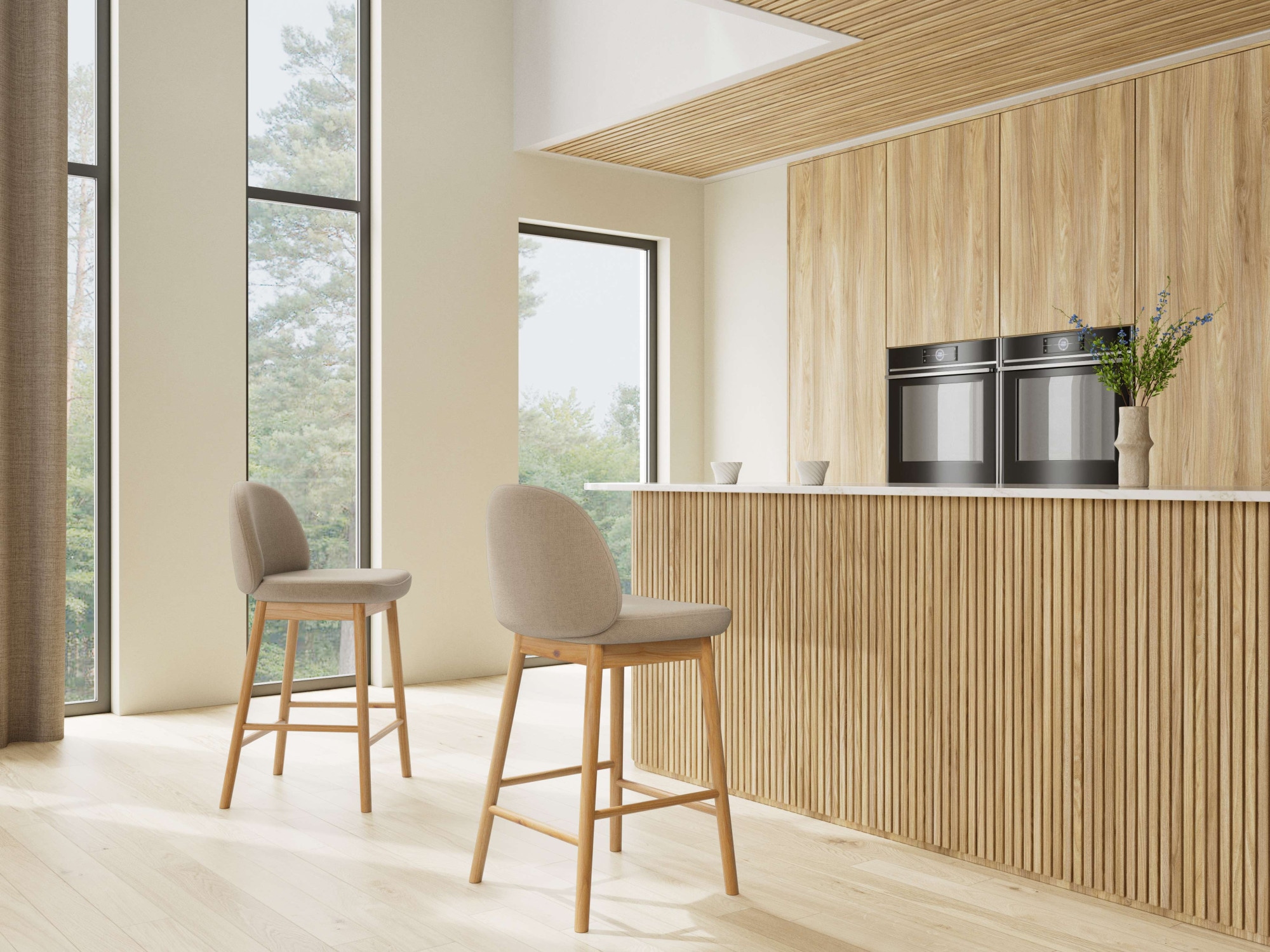 ACTONA GROUP Tabouret de bar »Sophia - Bequemer Barstuhl aus Eiche mit Fussstütze & Rückenlehne« Ensemble, 2 cuis tlg. Design scandinave, siège en tissu, pour cuisine et coin repas