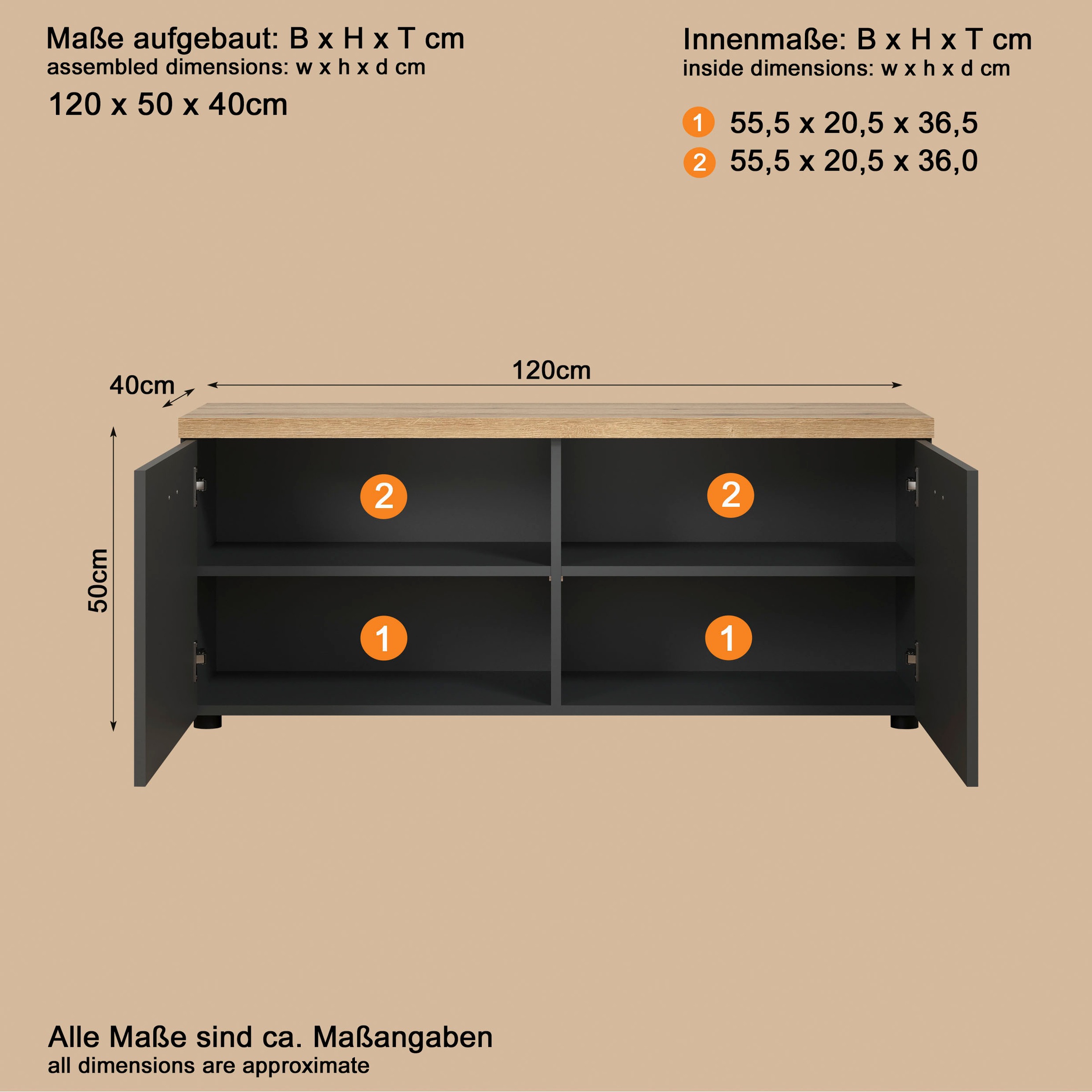 Home affaire Table basse »Bajo« 1 cuis tlg. meuble TV bas avec 2 portes et 2 étagères – (L/P/H) 120/40/50 cm