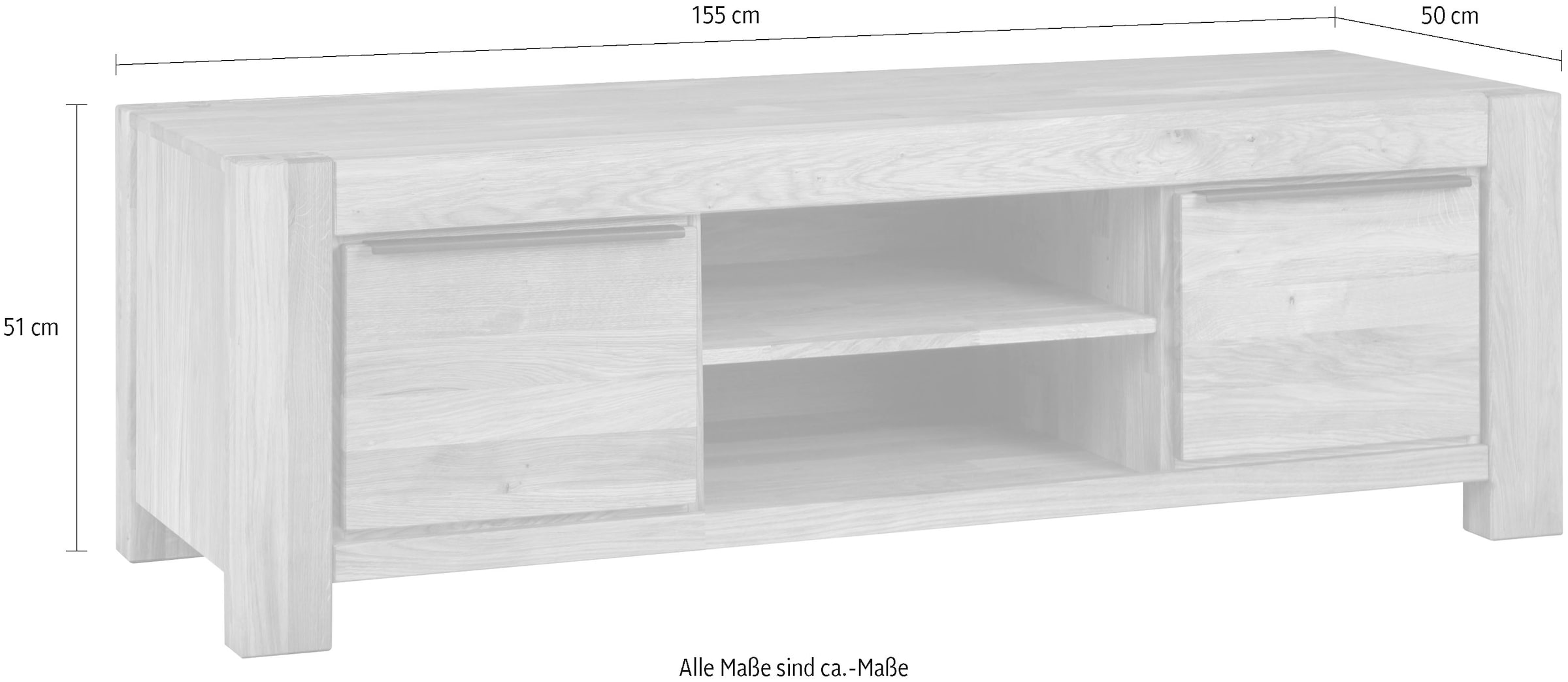 Home affaire Table basse Eiche teilmassiv, B: 155 cm, schwarze Elemente, 2 offene Fächer.