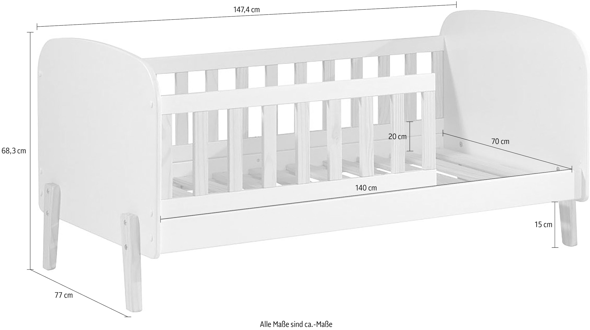 Vipack Kinderbett »Kiddy, inkl. Rolllattenrost, niedrige Einstiegshöhe, stabil gebaut« B/H/T ca. 147x68x77cm, MDF weiss lackiert, Füsse und Sprossen Kiefer,  wahlweise mit oder ohne Bettschublade als Stauraum