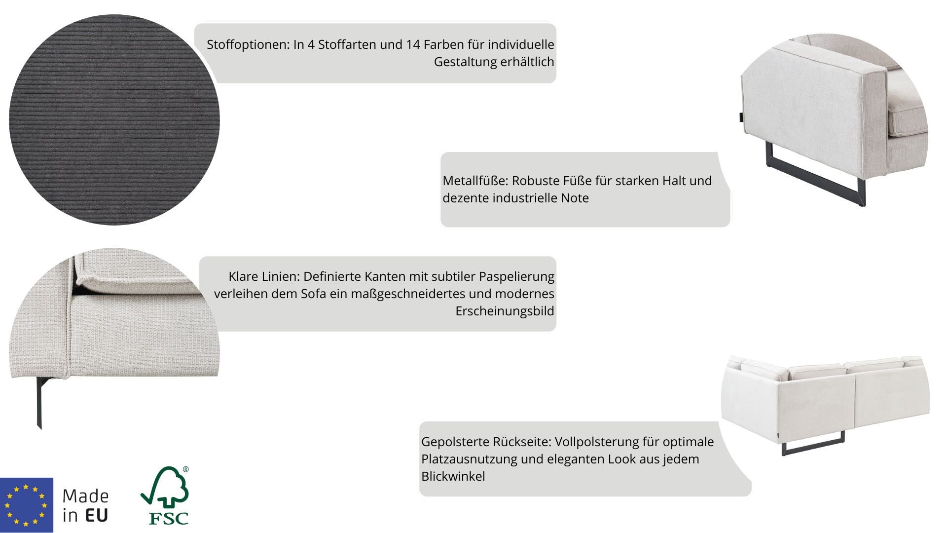 Home affaire 3-places »Pinto, 206 cm, Cord, Chenille, Lederoptik« mit Keder, schwarze Metallfüsse, Wellenunterfederung