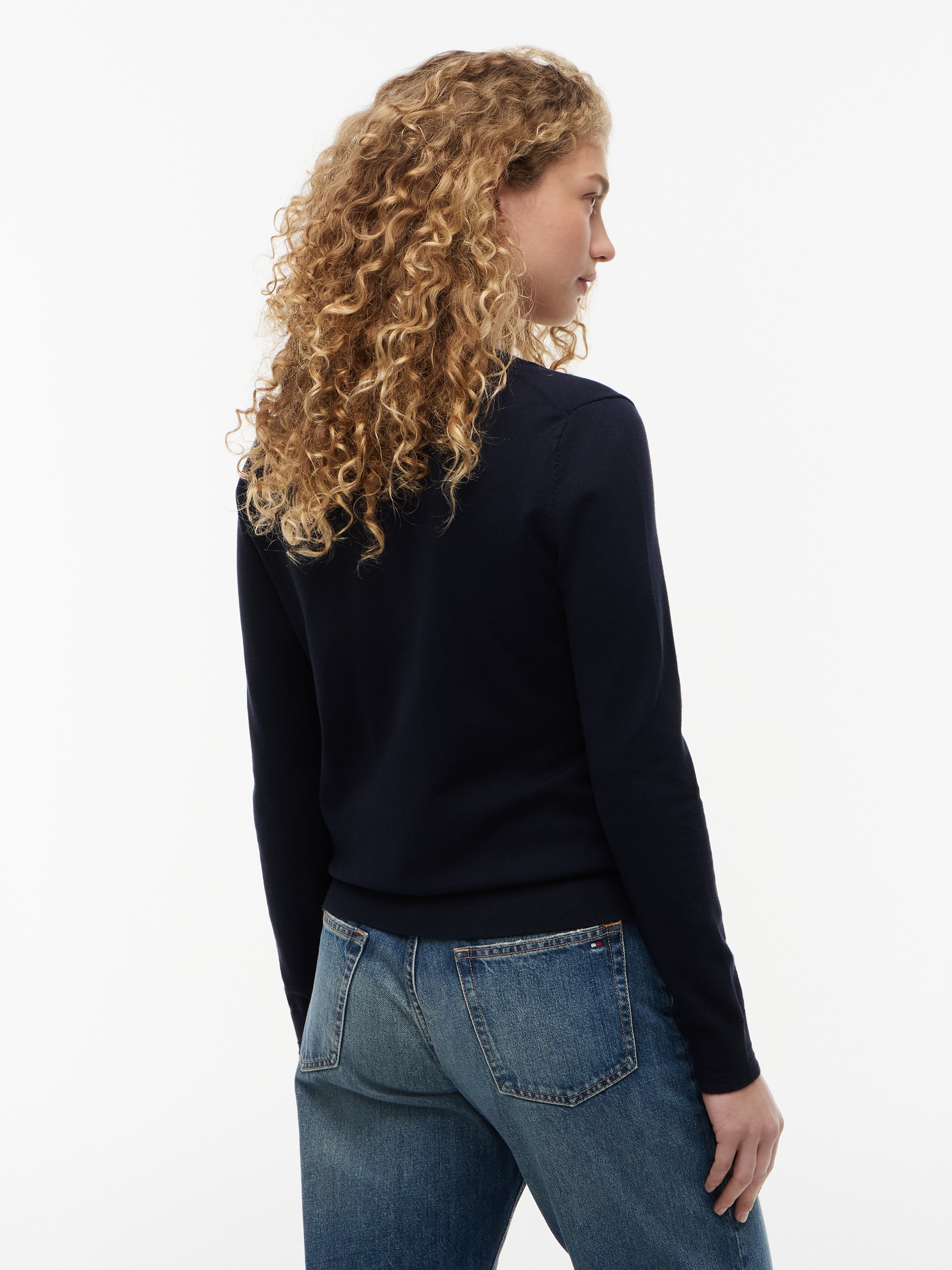 Tommy Hilfiger Pull col V »CO JERSEY STITCH V-NK SWEATER« Bandes contrastées à l'encolure et broderie logo sur la manche