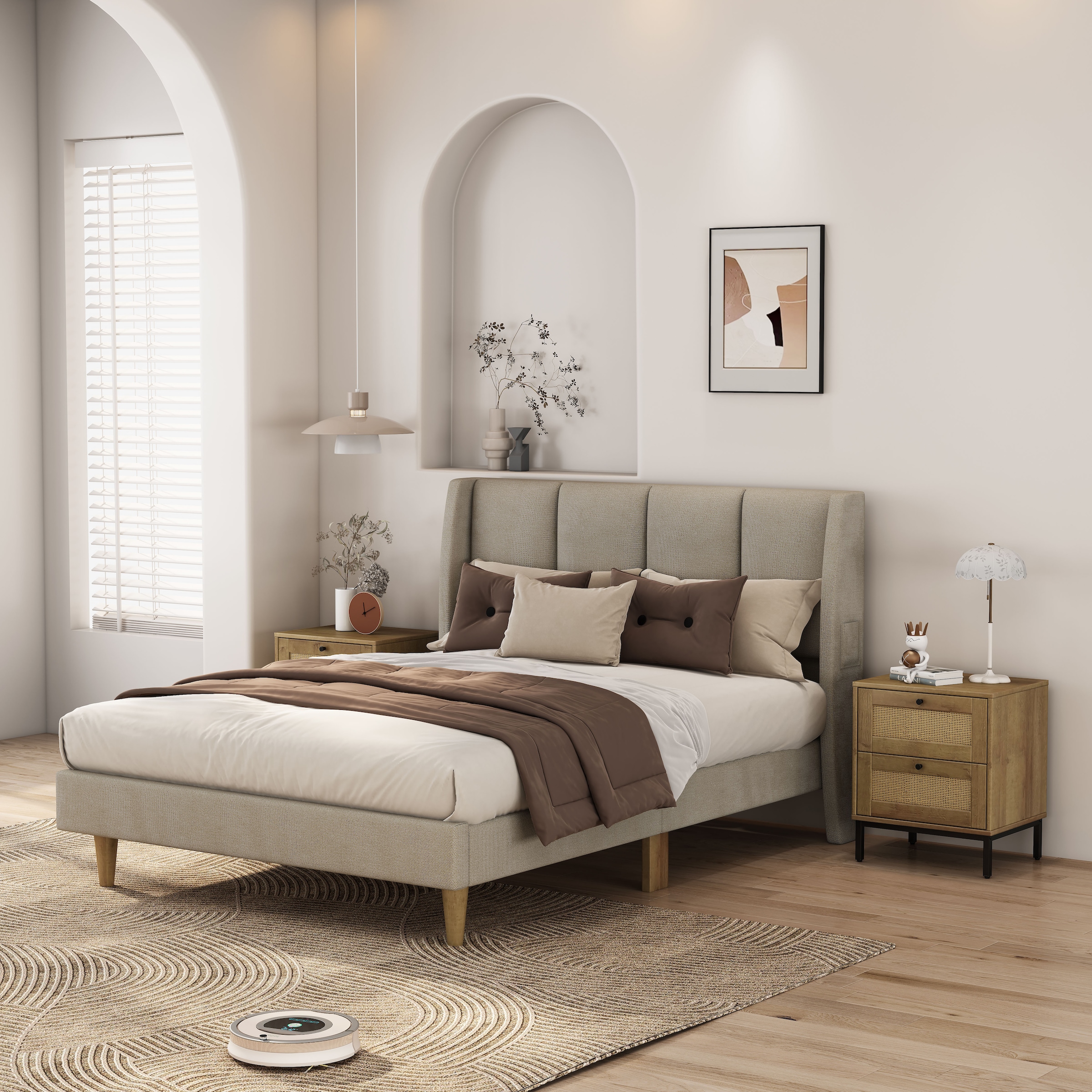 GOODproduct Nachtkommode »Motala Schlafzimmerschrank Garderobe Boho Eichen-Design« Set, 2 Schränke im Set - Eichen-Design mit schwarzen Griffen,  Nachttisch Set mit je 2 Schubladen mit wiener Geflecht optik