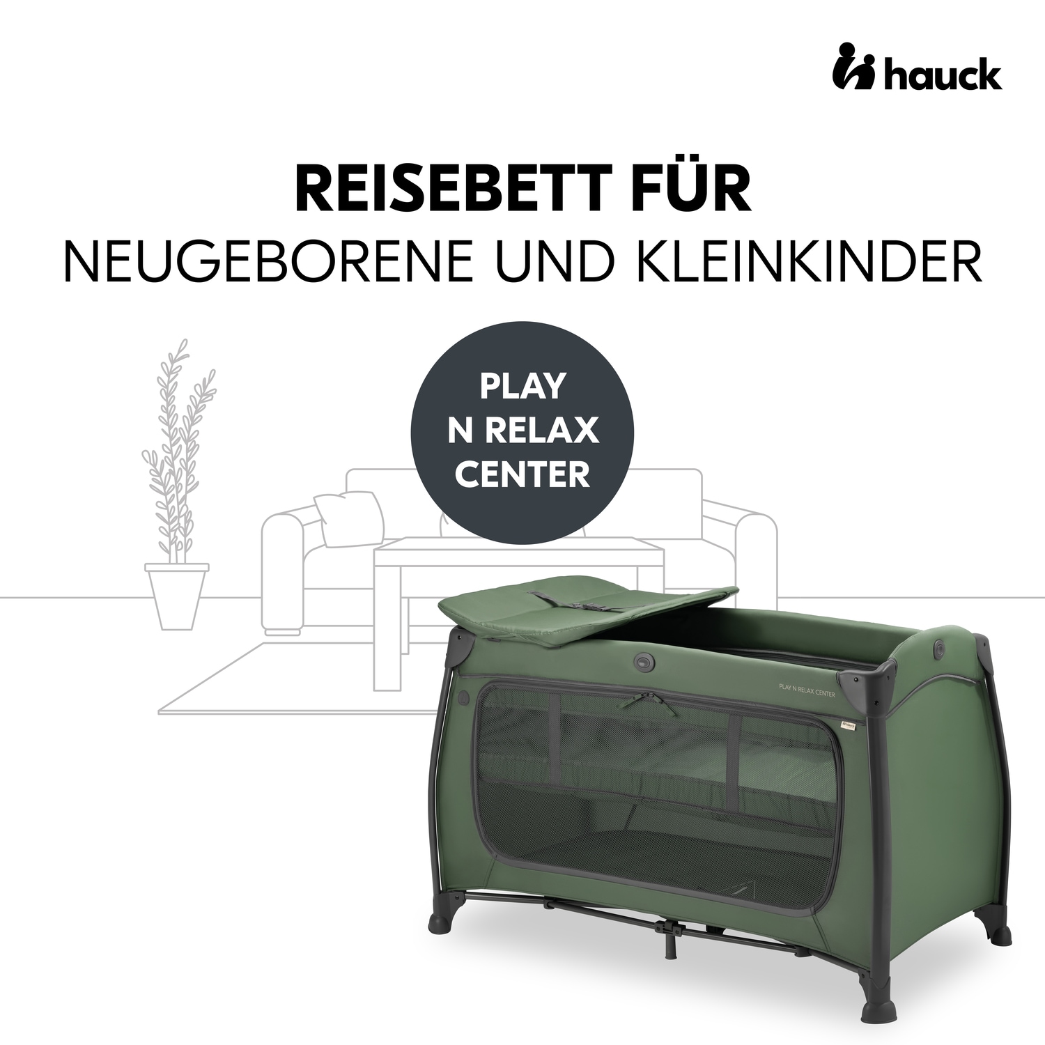 Hauck Baby-Reisebett »Play N Relax Center, darkgreen« inkl. Neugeboreneneinhang, Wickelmulde, Ausstieg, Räder