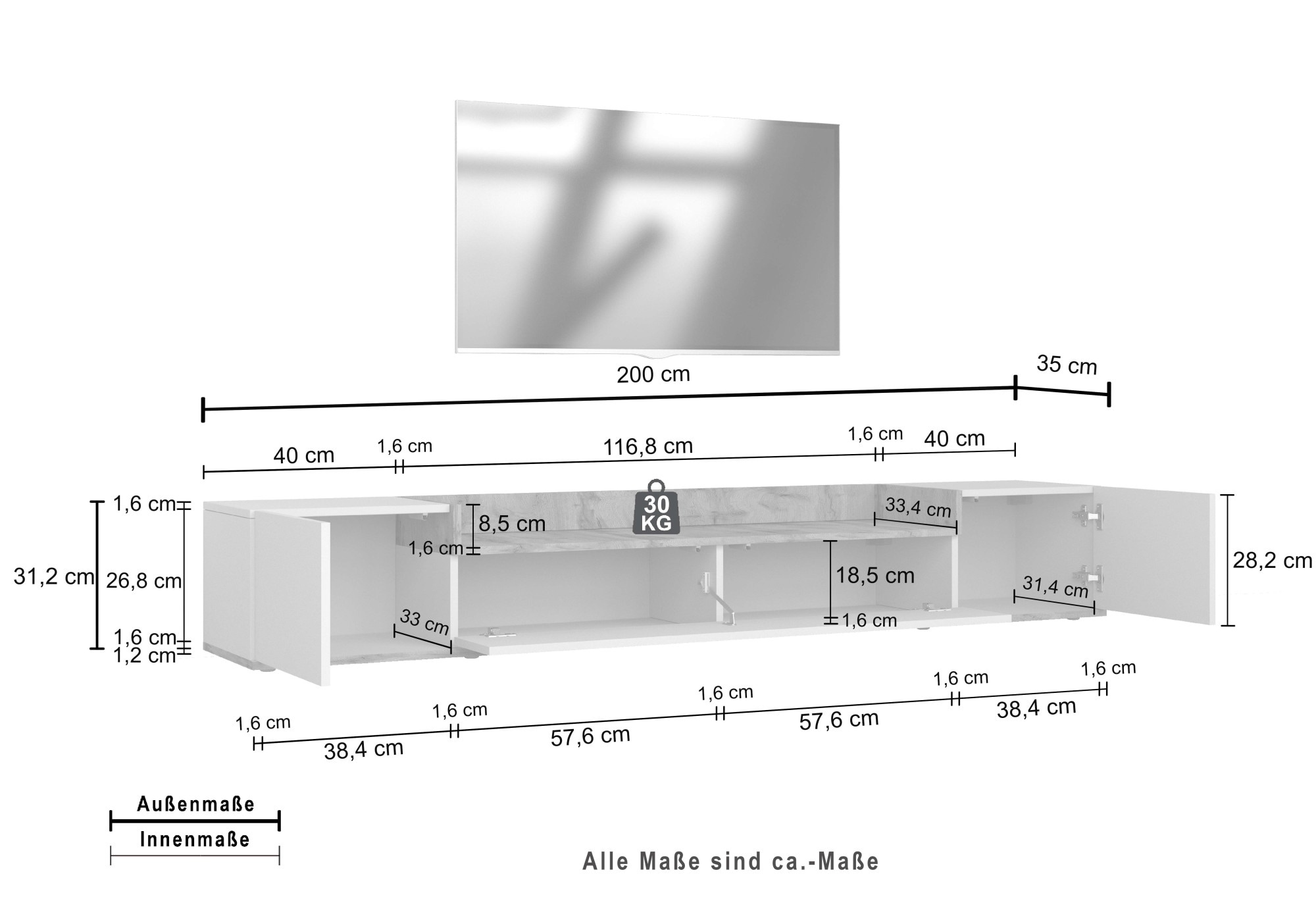 GOODproduct Lowboard »BOLSENA,TV-Kommode, TV-Möbel,TV-Bank, 4 Fächer und offenes Ablagefach« 1 Stk. tlg. stehend/hängend montierbar, Made in Italy, B/T/H: 200 × 35 × 31,2 cm