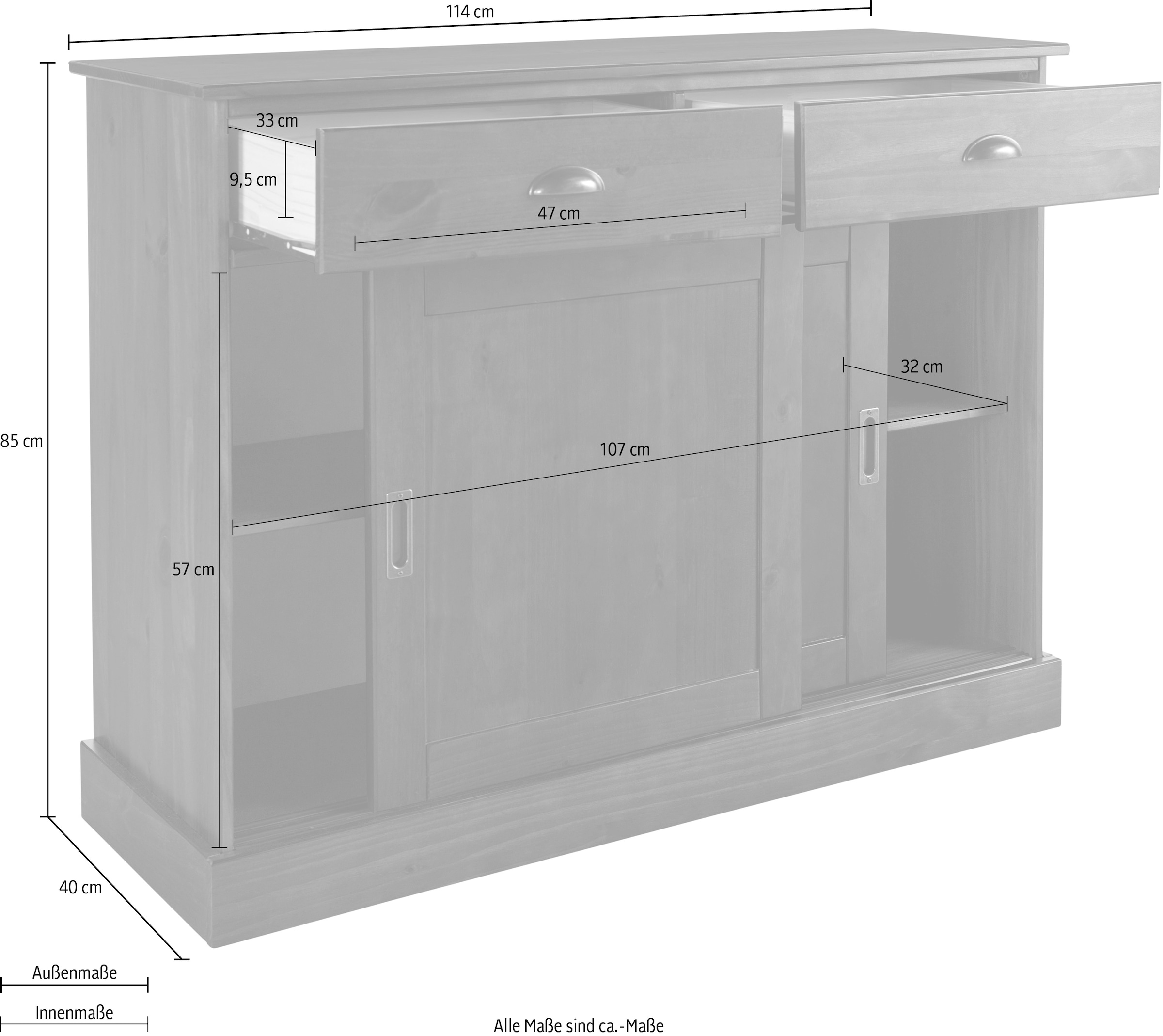 GOODproduct Sideboard »Schröder« Kommode, 2 Schiebetüren, 2 Schubkasten, aus massivem Kiefernholz