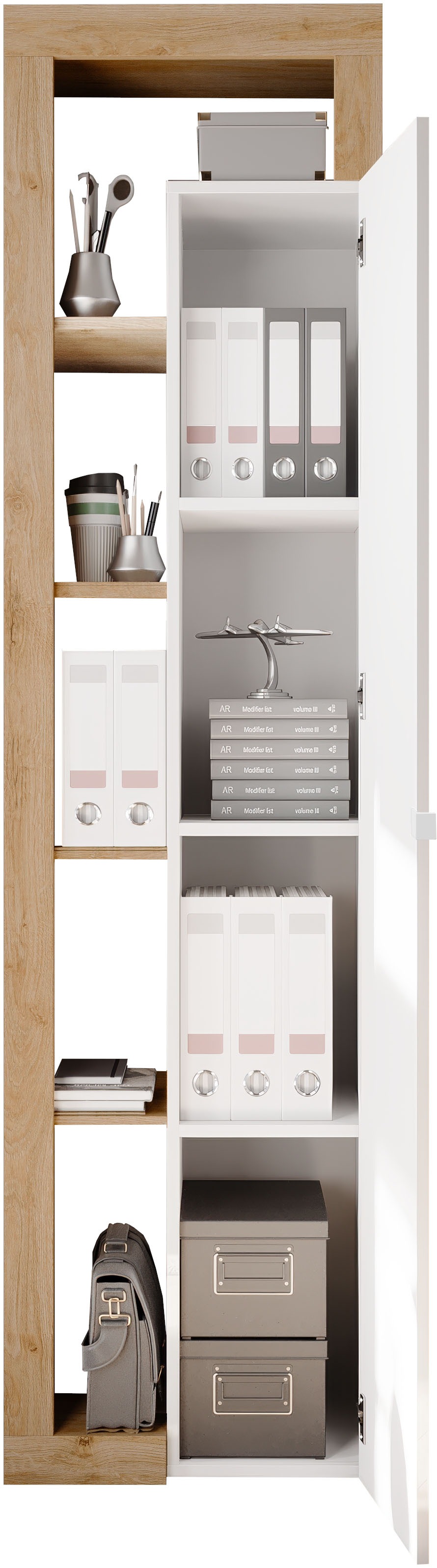 Home affaire Aktenschrank »Hamburg Höhe 189 cm, Breite 50 cm, 1 Tür, offene Fächer, Büroschrank,« Mehrzweckschrank, dekorativer Rahmen, Metallgriff, viel Stauraum