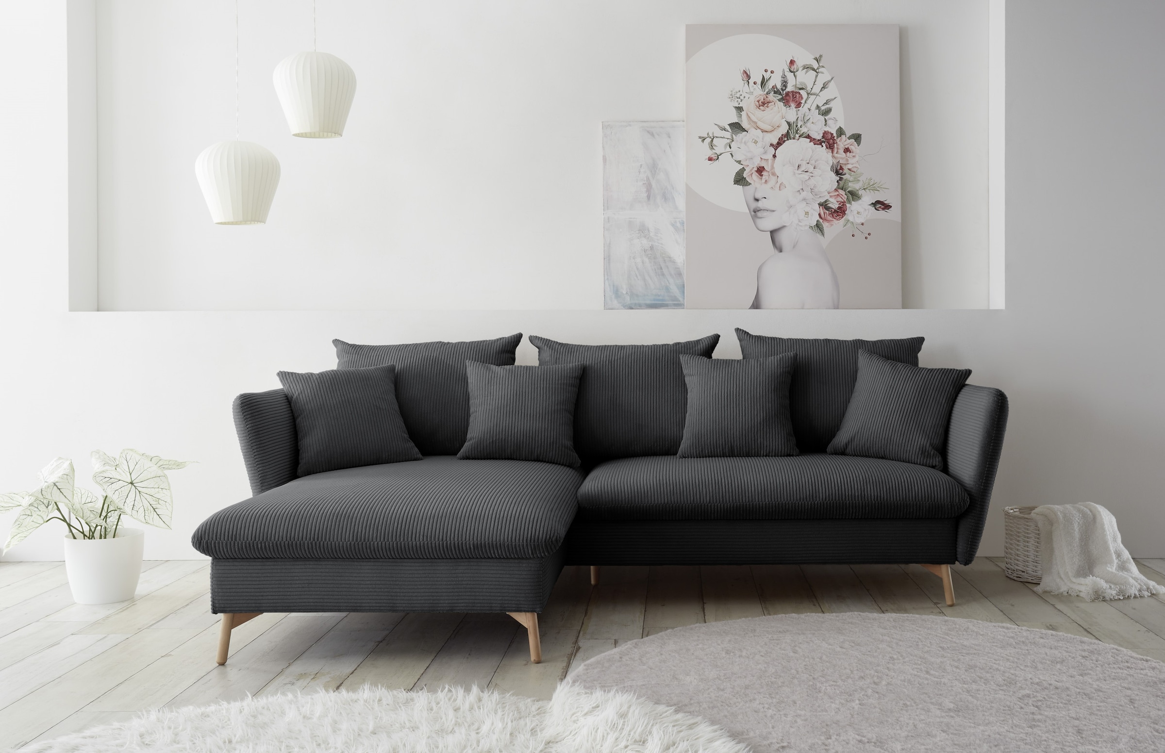 GOODproduct Canapé d'angle »MERLE, 258 cm, L-Form, traumhafter Cord,« avec fonction lit et coffre, surface couchage 224 x 139