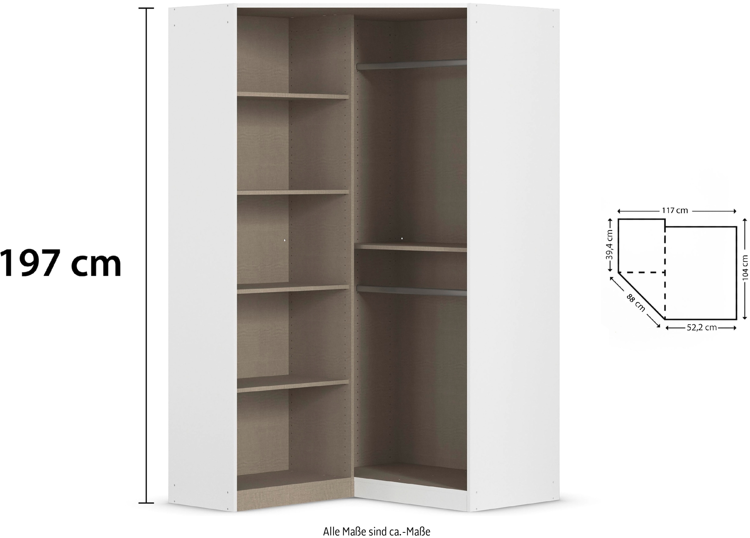 rauch Eckkleiderschrank »Kleiderschrank Schrank Garderobe Garderobenschrank Eckschrank HOMBURG« Schenkelmass: 117x104 cm, Höhe: 197 cm,  voll aufgelegter Spiegel, Vollausstattung viel Platz MADE IN GERMANY