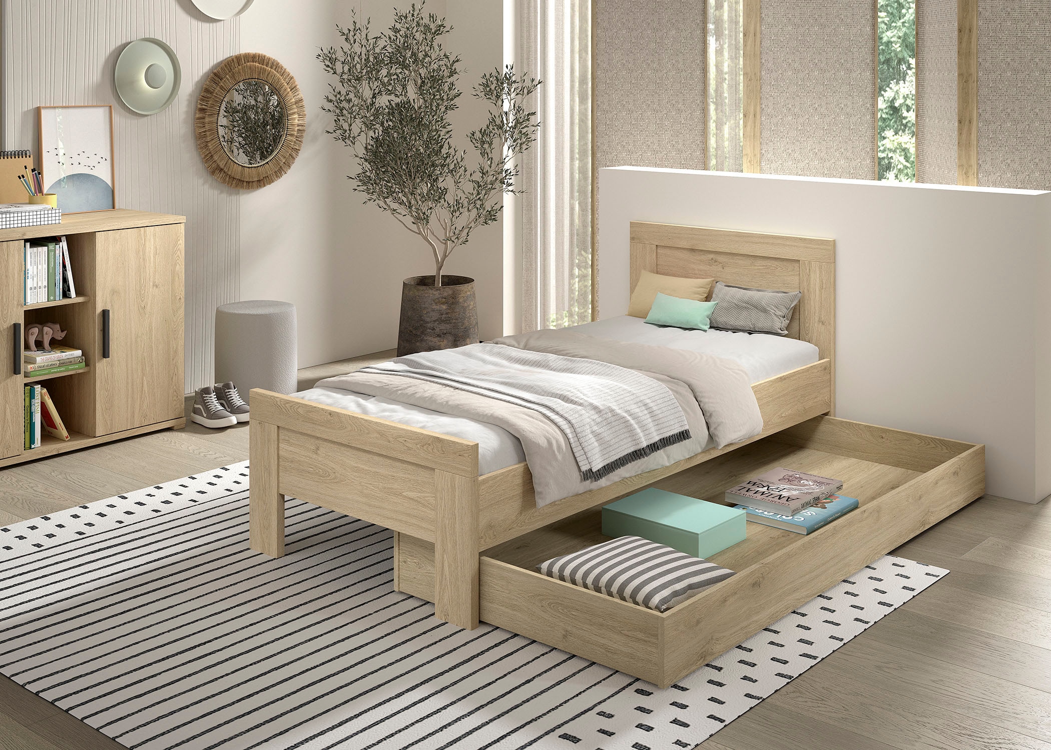 Vipack Set de chambre d'adolescent »SAM - Bett und Bettschublade, gradliniges Design in wohnlichem Dekor« Tiroir de lit sur roulettes également utilisable comme rangement, 2 pièces tlg. surface facile d'entretien, finition décor chêne