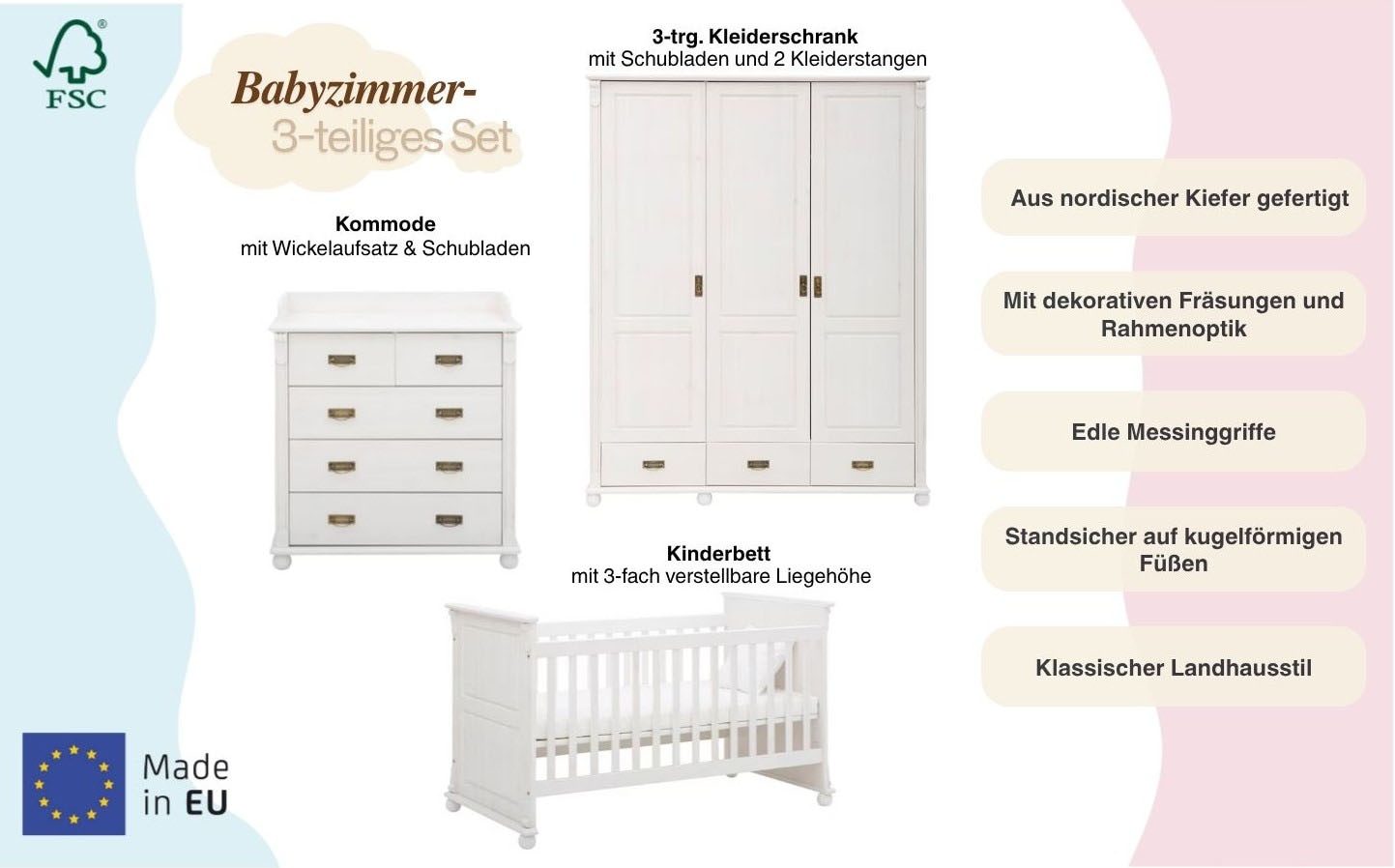 GOODproduct Set complet pour chambre de bébé »"Aimo", Landhausstil, stabile Qualität, edles Design, Messinggriffe« Set, Kinderbett, Schrank, Wickelkommode, 3 cuis tlg. aus Massivholz; FSC®-Holz aus gewissenhaft bewirtschafteten Wäldern