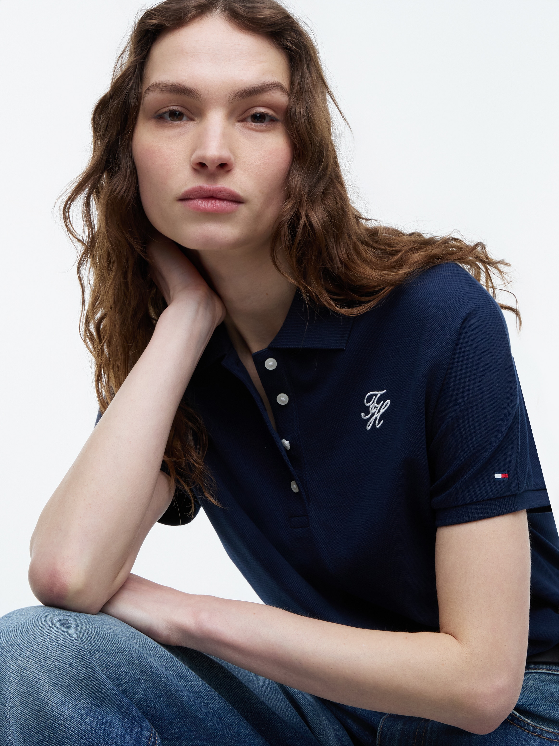 Tommy Hilfiger Polo »TH SCRIPT MODERN SS POLO« mélange de coton, col polo, patte de boutonnage courte