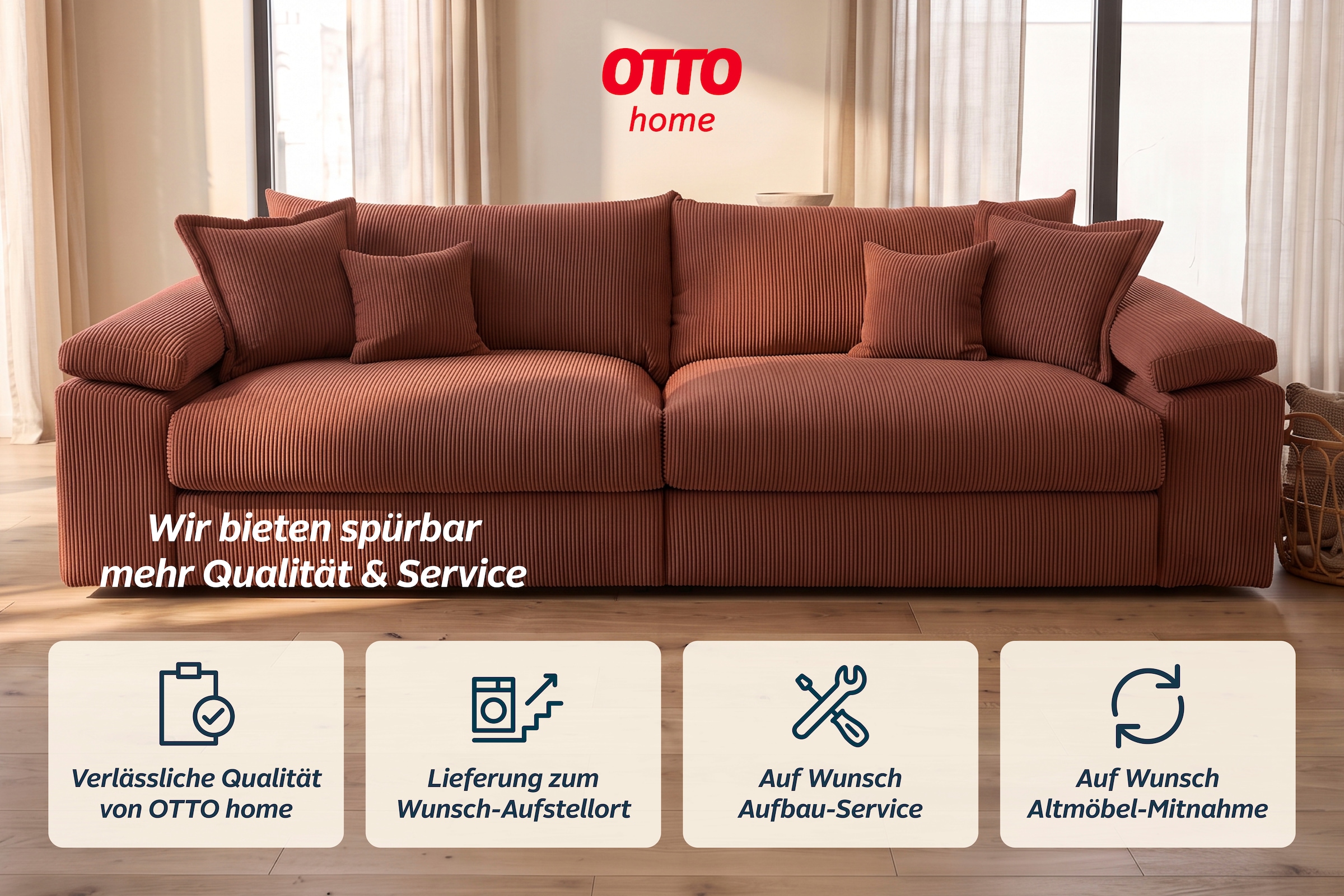 GOODproduct Big-Sofa »Soft&Cosy XXL, B: 303 cm - OTTO. Verlässliche Qualität.« Mega-Sofa, Cord oder Chenille-Struktur, mit Federkern & 4 Zierkissen