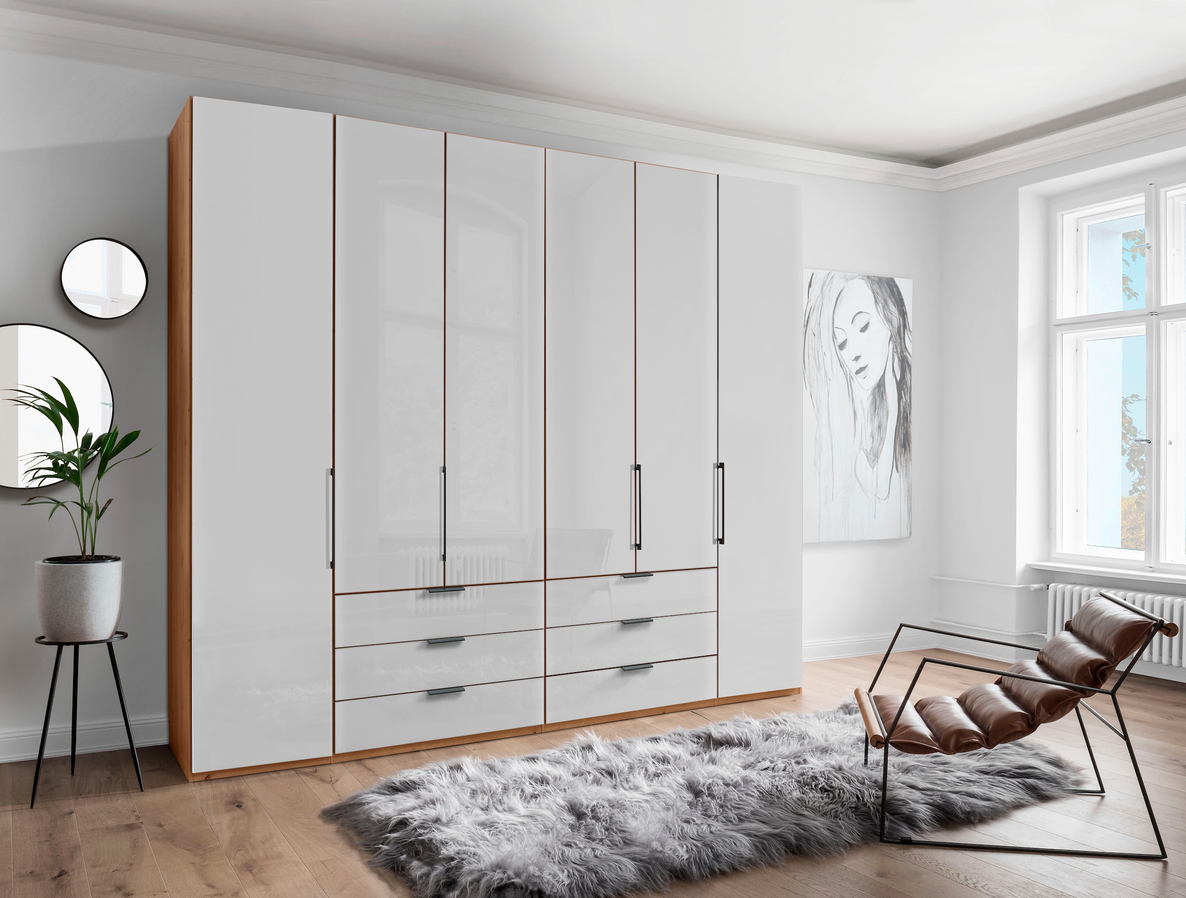 WIEMANN Armoire à portes pliantes »Monaco, Kleiderschrank, Schrank, Wäscheschrank, mit edler Glasfront« 2 largeurs, 2 hauteurs 216/236 cm sélectionnables, FABRIQUÉ EN ALLEMAGNE,  incl. tiroirs et portes rembourrés, avec ouverture panoramique
