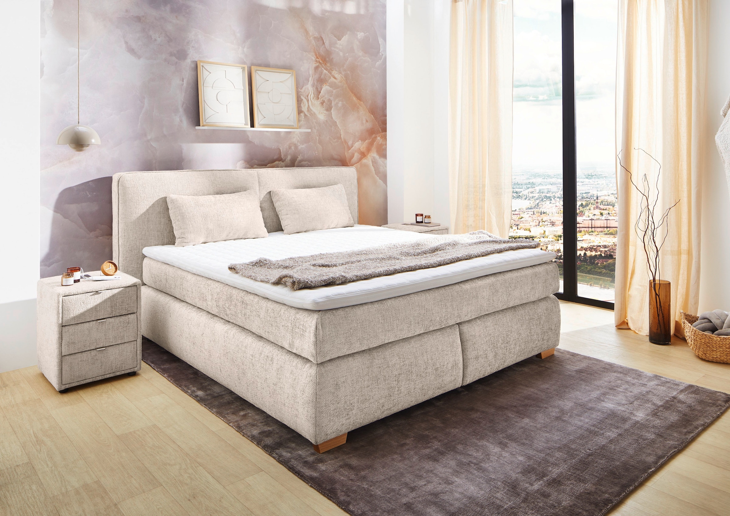 Jockenhöfer Gruppe Lit boxspring »Valentina in der Breite 180cm, beige, extra dickes Kopfteil mit Keder« Matelas TTFK 7 zones, surmatelas visco, différents degrés de fermeté disponibles