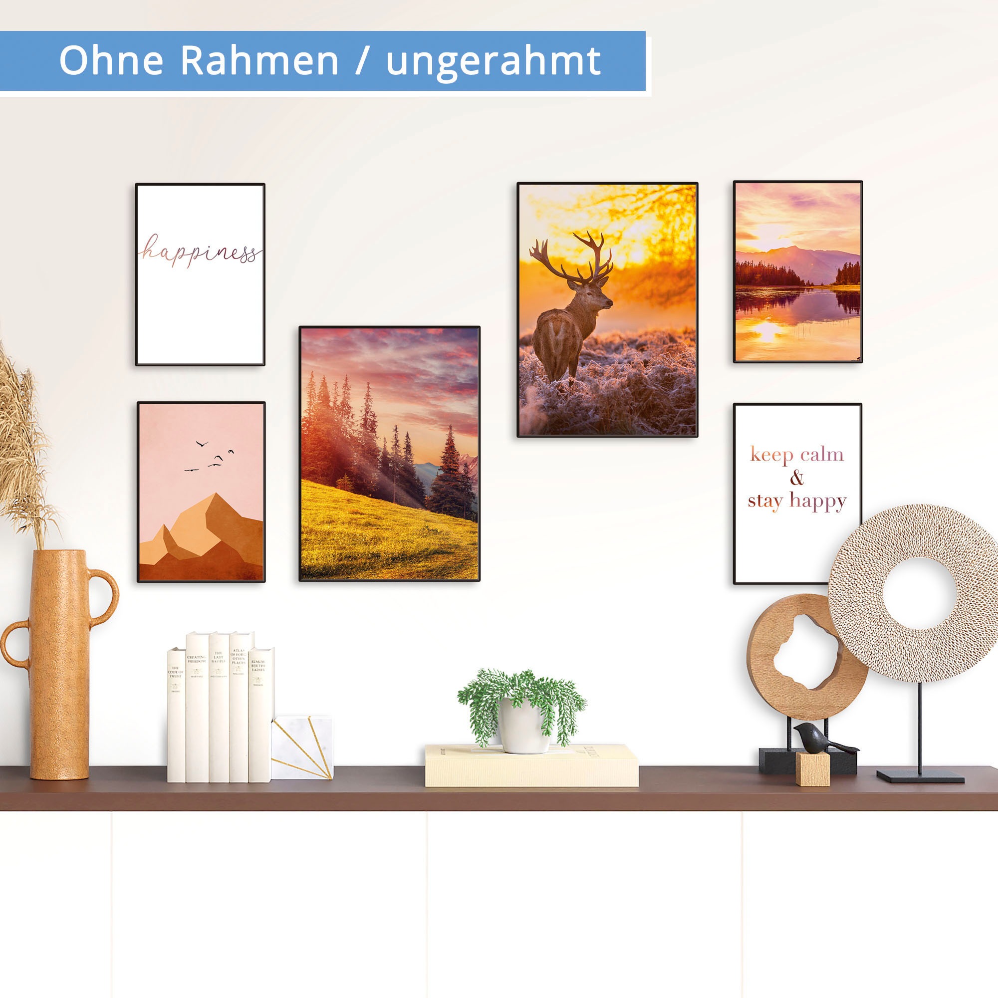 Artland Poster »Natur im Sonnenuntergang« Berge & Alpenbilder Set, 6 Stk. tlg. Bilder Set, 6tlg. 4xDIN A4 / 2xDIN A3, ohne Rahmen