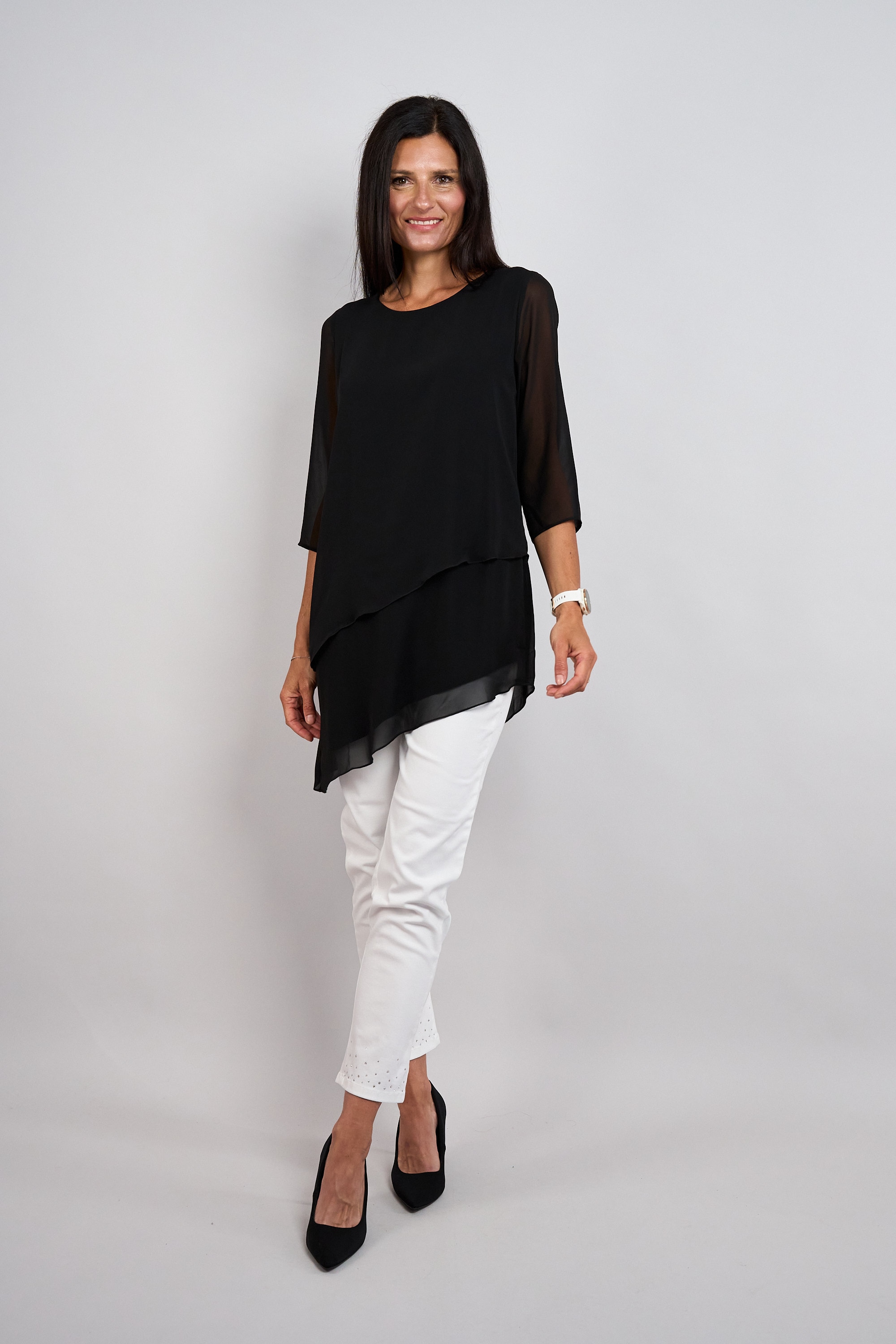 Seidel Moden Chemisier long manches 3/4 en style superposé / coupe asymétrique / FABRIQUÉ EN ALLEMAGNE