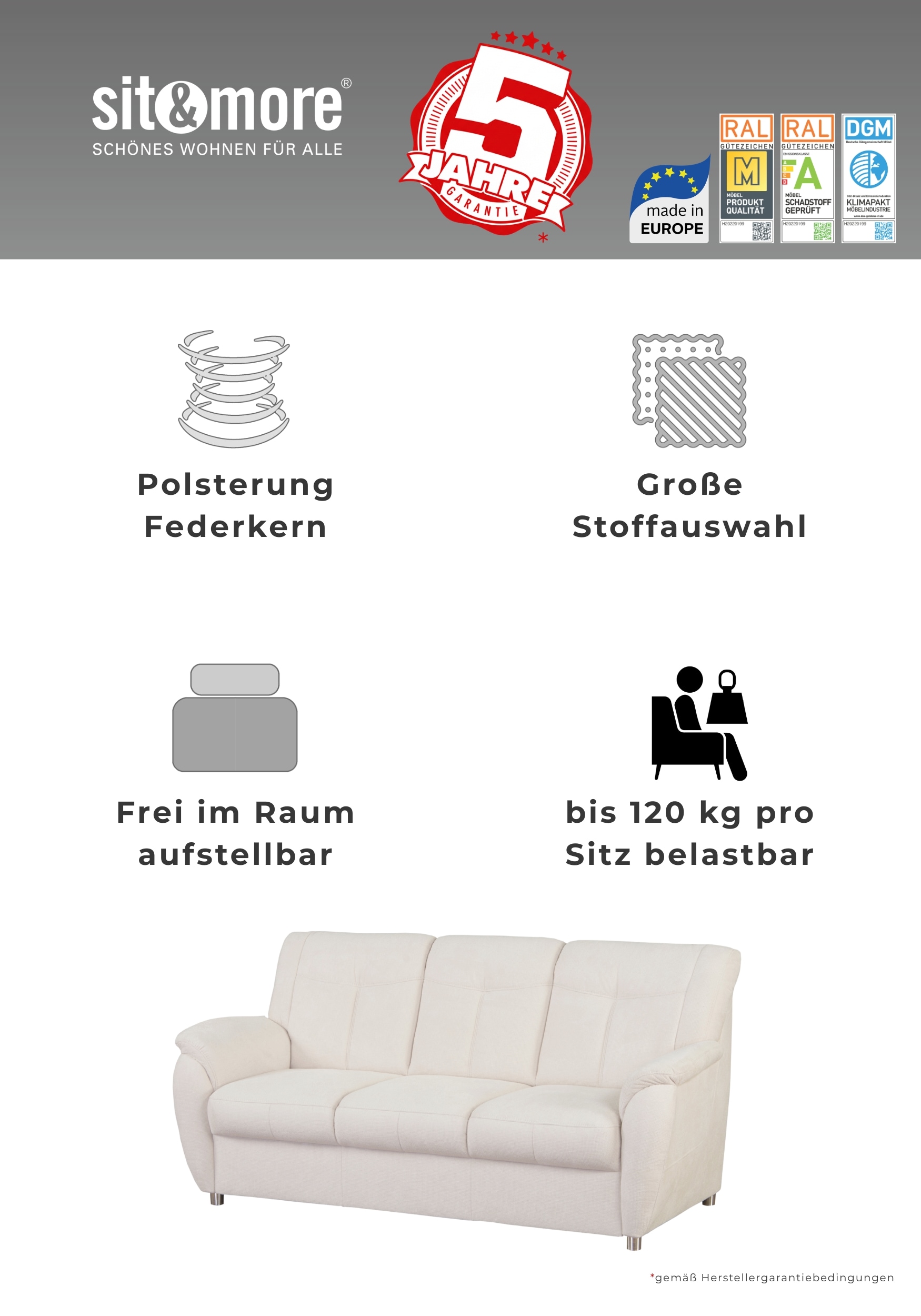 sit&more Sessel »Sonoma, B: 95 cm, Federkern-Polsterung, komfortable Sitzhöhe 45 cm« Frei im Raum stellbar, individuell kombinierbar, modernes Design