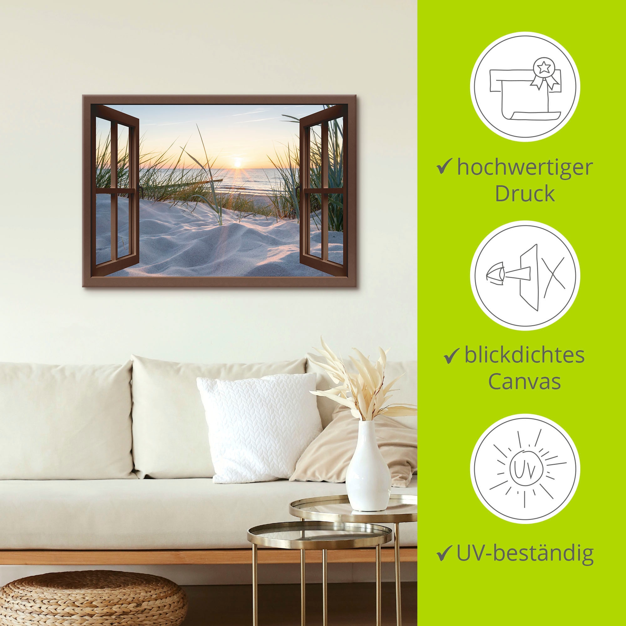 Artland Wandbild »Ostseestrand durchs Fenster« Meer Bilder 1 Stk. tlg. als Alubild, Leinwandbild in verschied. Grössen