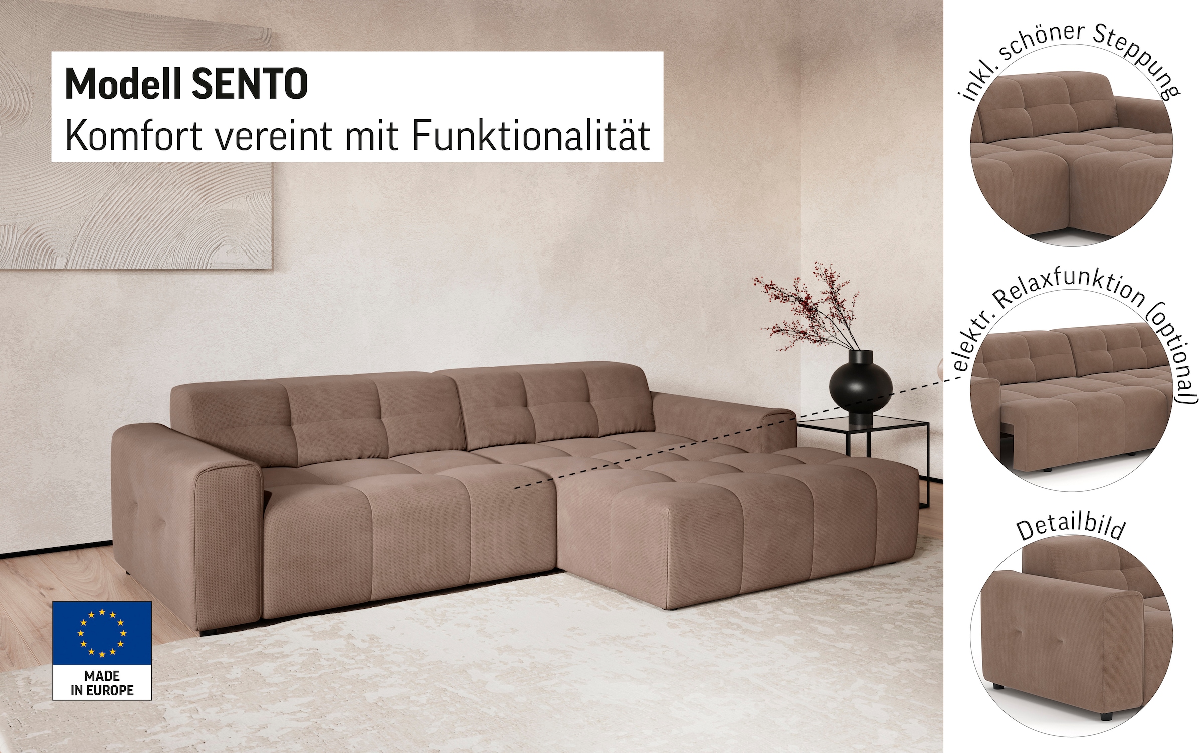 COTTA Canapé d'angle »Sento L-Form, B: 280 cm, Chenille-Struktur, XXL Recamiere B: 133 cm« réglage électrique optionnel de la profondeur d'assise, cubique, siège confortable