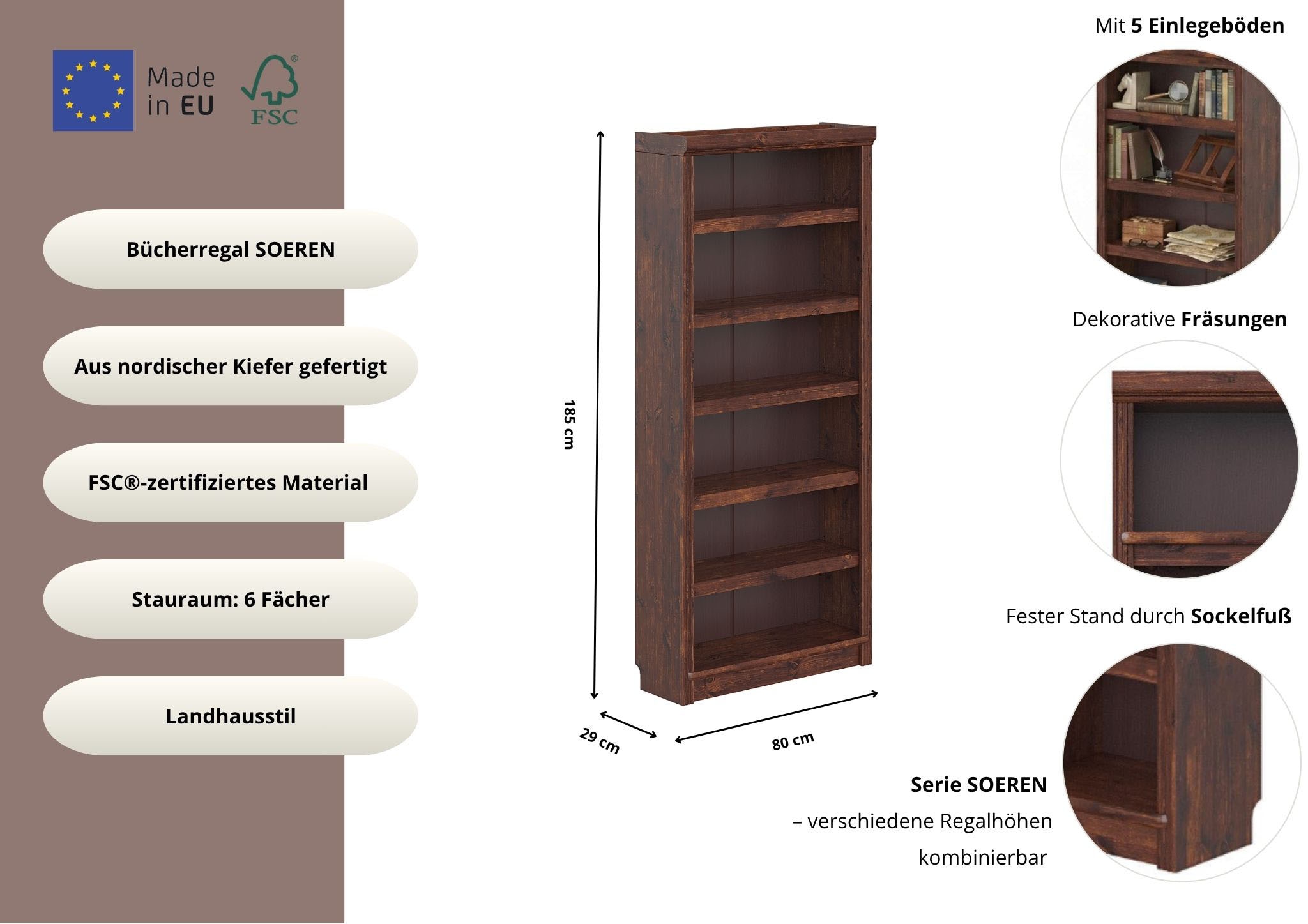 GOODproduct Bücherregal »Soeren Regal B/T/H: 80/29/185 cm, 6 Fächer« aus massiver Kiefer, FSC®-zertifiziert