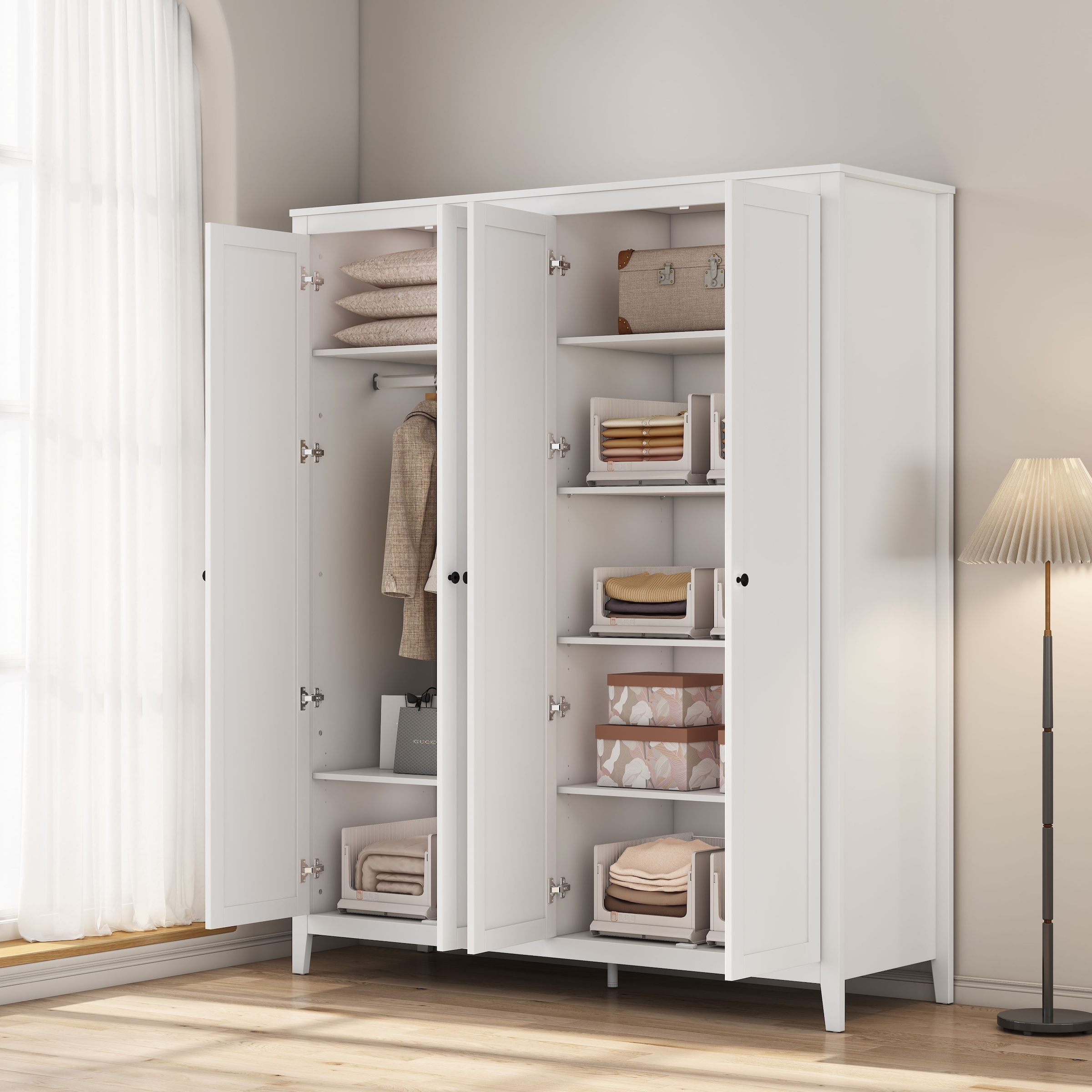 GOODproduct Kleiderschrank »Borkum Sideboard Anrichte mit 6 Schubladen Landhaus weiss« schwarze Griffe aus Metall,  Schlafzimmerschrank mit 6 Böden und Kleiderstange, 5 Türen