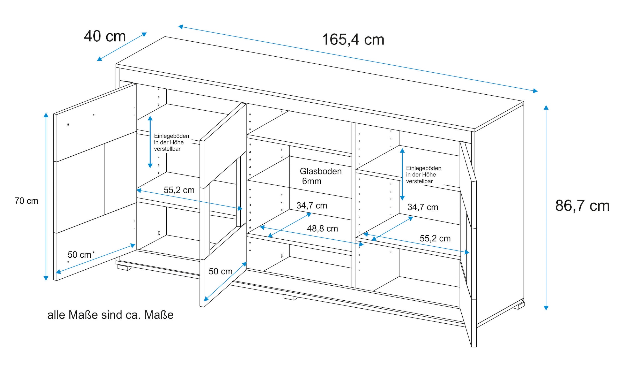 VOGL Möbelfabrik Sideboard Breite 166 cm, teilmassiv, mit Hirnholzapplikationen, Made in Germany