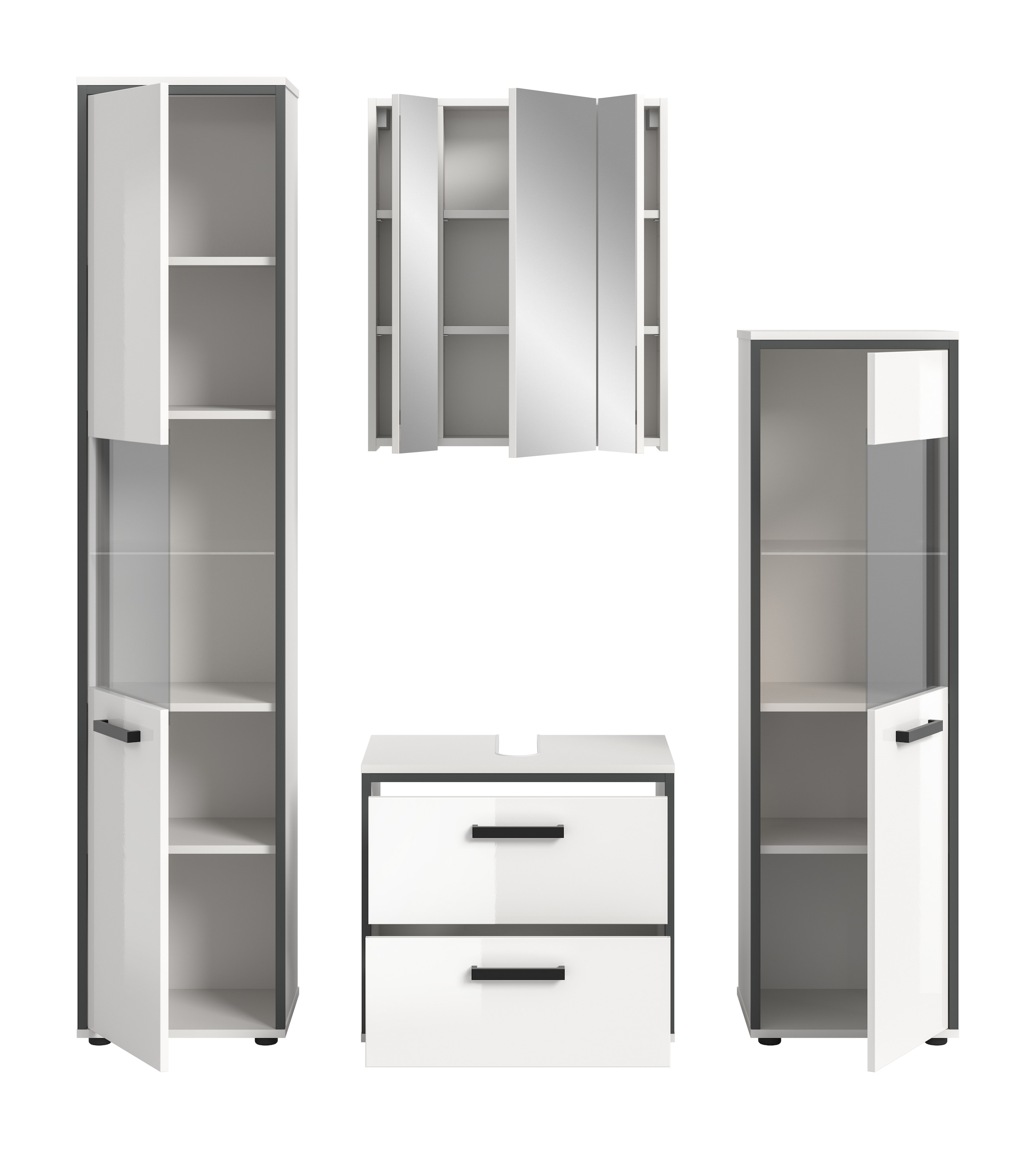 welltime Badmöbel-Set »KAJO, 4-tlg. Badkombination, weiss hochglanz« Set, Set, best. aus:1Hochschrank,1Spiegelschrank,1WBU,1Midischrank, 4 Stk. tlg.