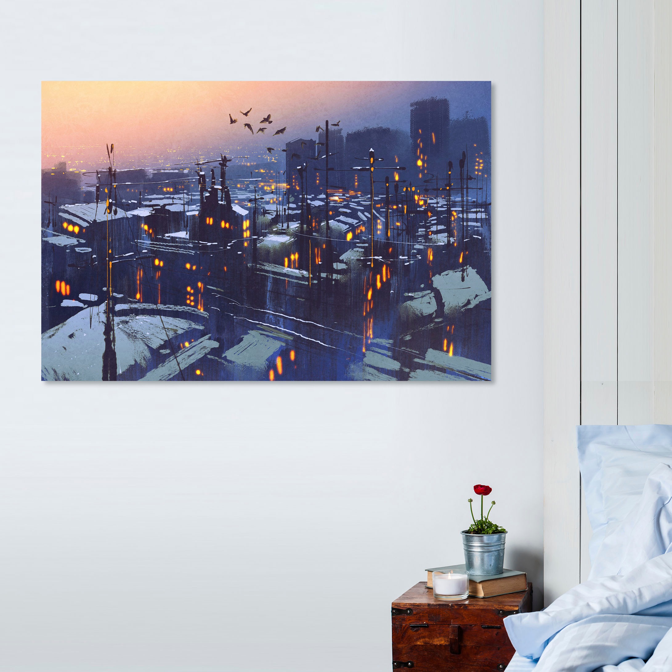 queence Leinwandbild »Stadt bei Nacht« Gebäude | Kunst | Modern | Sonnenaufgang | Sonnenuntergang | Spa | Spa Bilder | Vogelbilder | Vögel Premium-Leinwandstoff, Handarbeit aus Deutschland