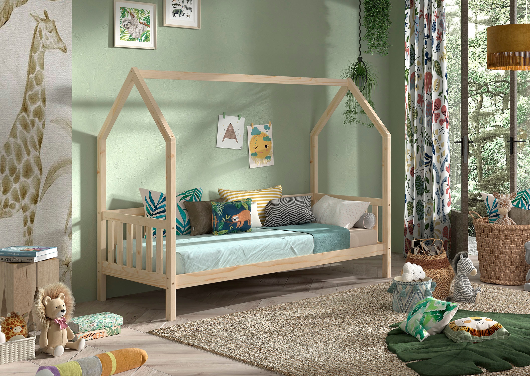 Vipack Hausbett »Cabane, mit Dachaufbau und Sprossenumrandung in Landhaus-Optik« (B/H/T ca. 208x169x98 cm) aus massiver Eiche, Oberfläche Natur,  sehr stabil und standfest gebaut inkl. Massivholz Rolllattenrost