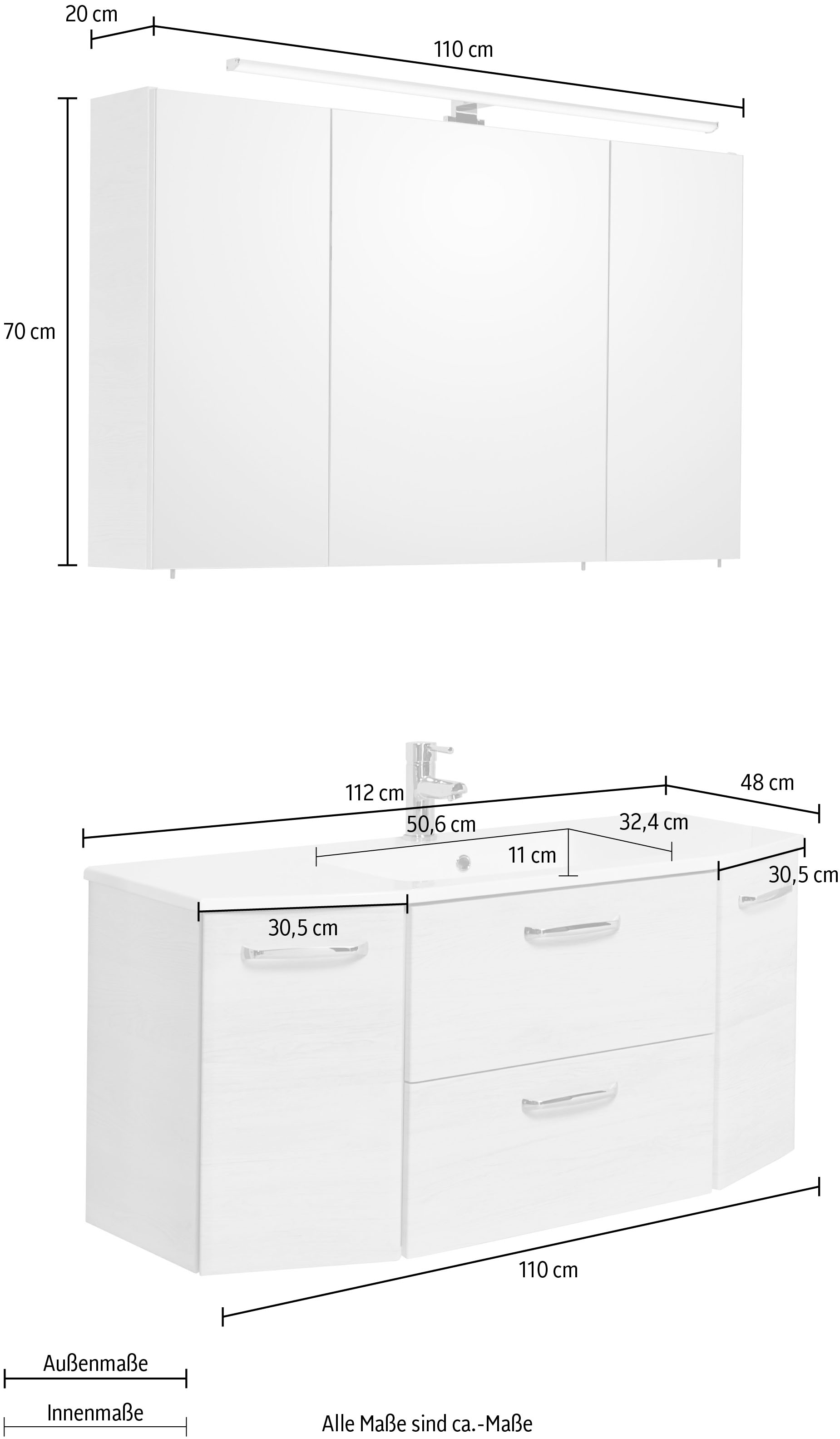 Saphir Ensemble de meubles de salle de bain »Quickset 2-teilig, Mineralmarmor-Waschtisch mit LED-Spiegelschrank« Ensemble, 2 cuis tlg.