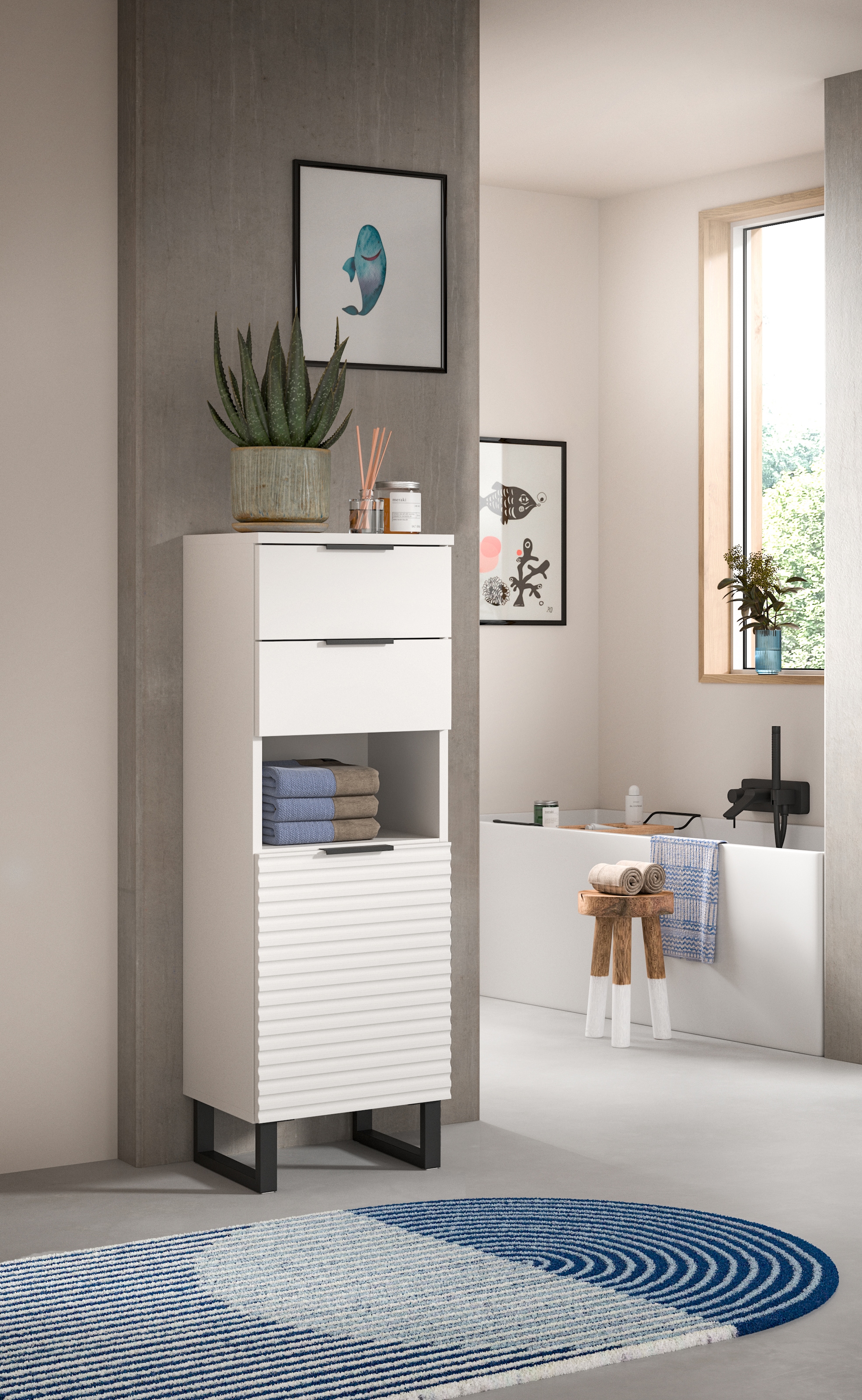 welltime Armoire basse »Litica, Höhe 110 cm, 2 Schubkästen, 1 Tür, 1 offenes Fach« Badschrank, Bad-Midischrank, Badezimmer, Bad-Möbel