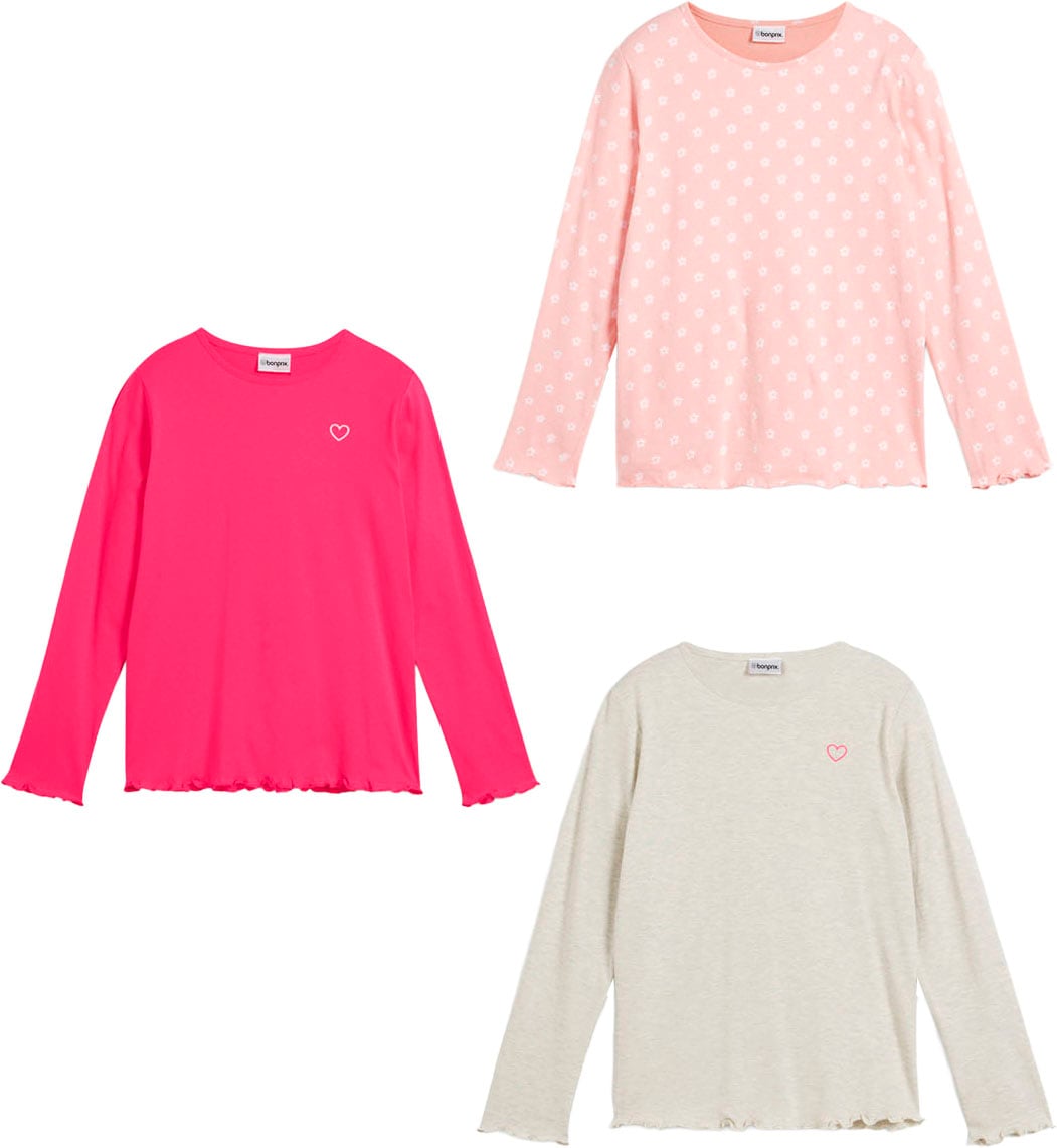 bonprix T-shirt à manches longues Packung, 3, 3 cuis Regular Fit, aus Baumwolle und Polyester, in verschiedenen Farben
