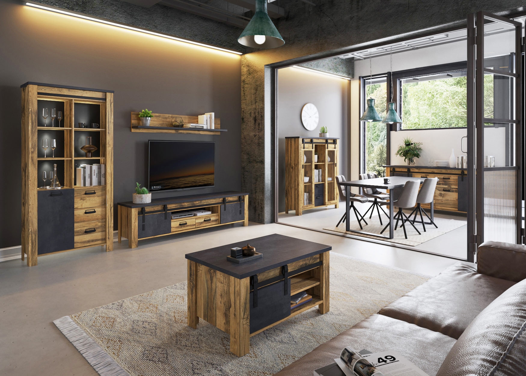 Home affaire Meuble mural »York, moderne Anbauwand, Wohnzimmer-Set in Hunton Oak, 201 cm breit« Komplett-Set, 3 cuis tlg.